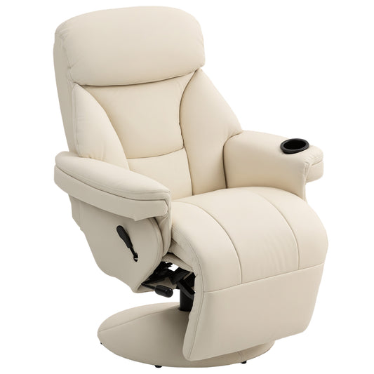 HOMCOM Recliner Chair, Upholstered Armchair with Footrest and Cup Holder, PU Leather Swivel with Adjustable Backrest, Cream White