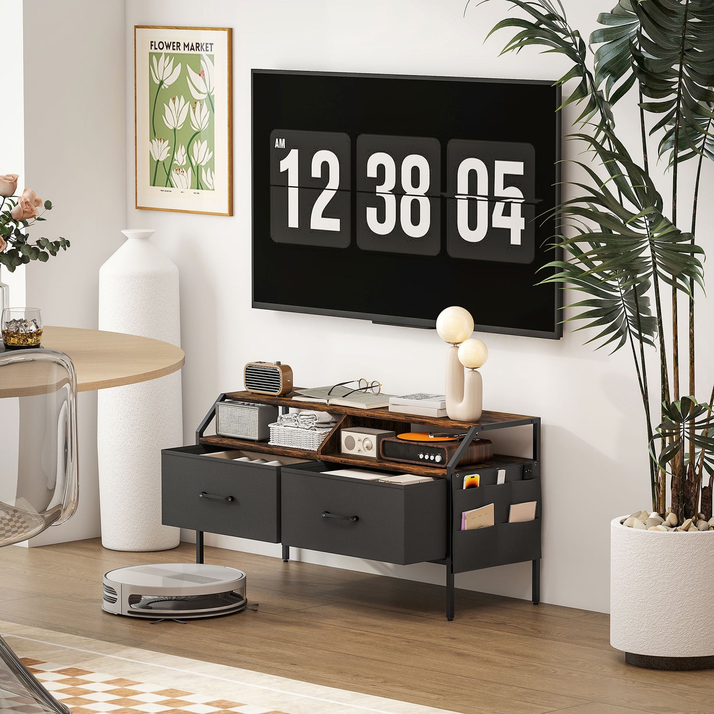HOMCOM TV Stand Cabinet for 55-inch TVs, 2 Foldable Fabric Drawers, 5 Side Pockets, Open Shelves, Console Table, Rustic Brown