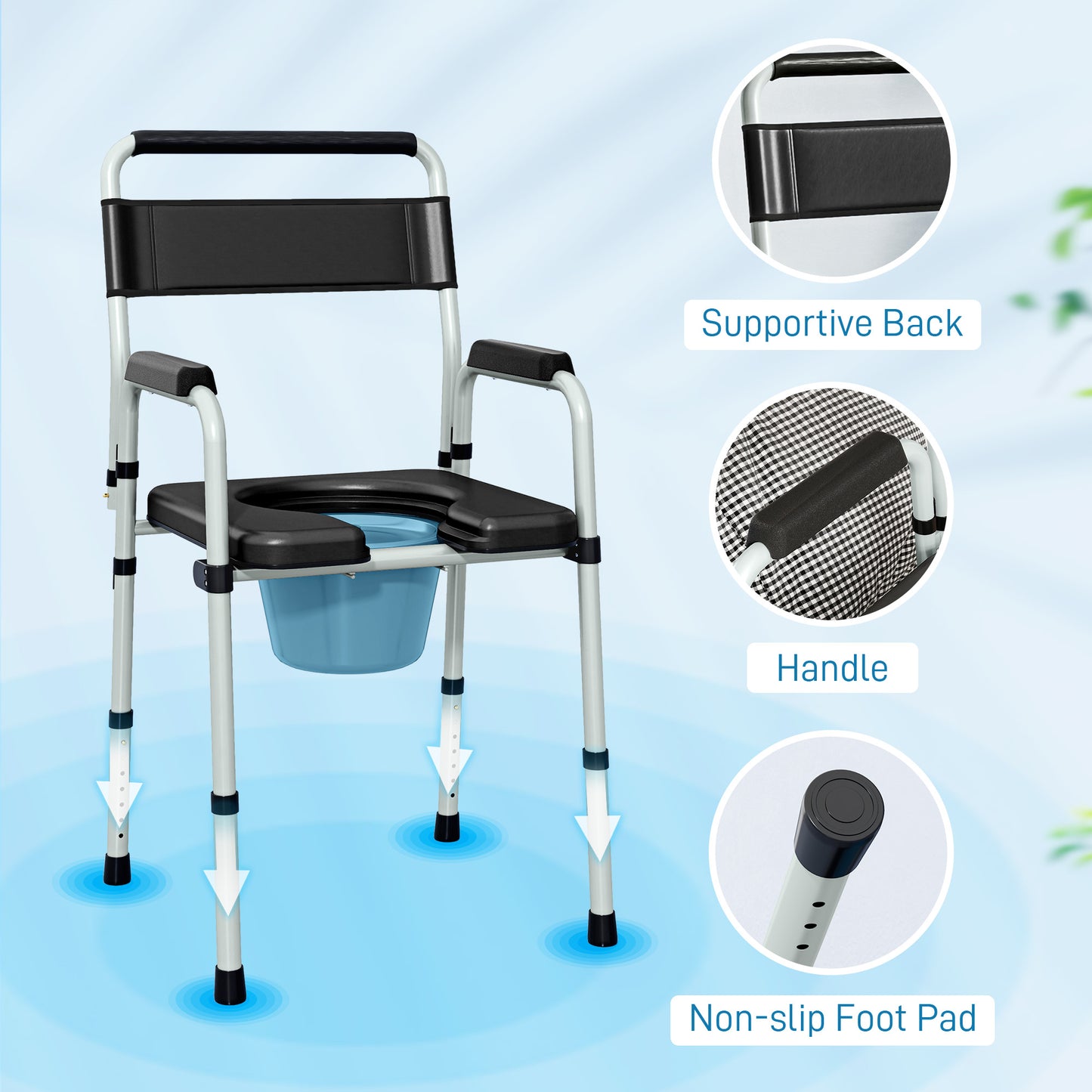 HOMCOM Commode Chair for Elderly with Arms and Back, Lightweight Non-Slip Commode w/ Removable Bucket, Height Adjustable, Black