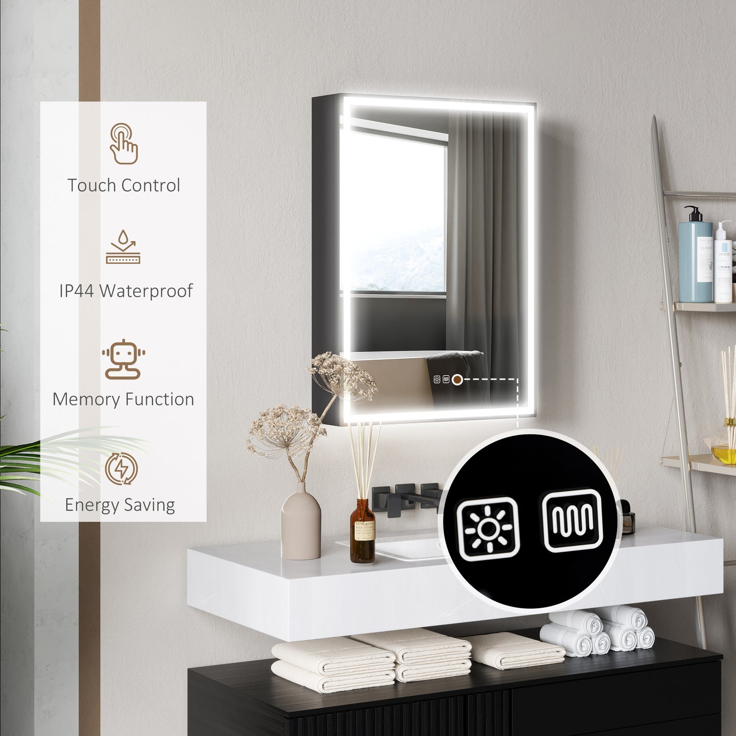 HOMCOM Black LED Bathroom Mirror Cabinet, 500x700 mm, Demister Pad, Dimmer, 3 Colours, Shaver Socket