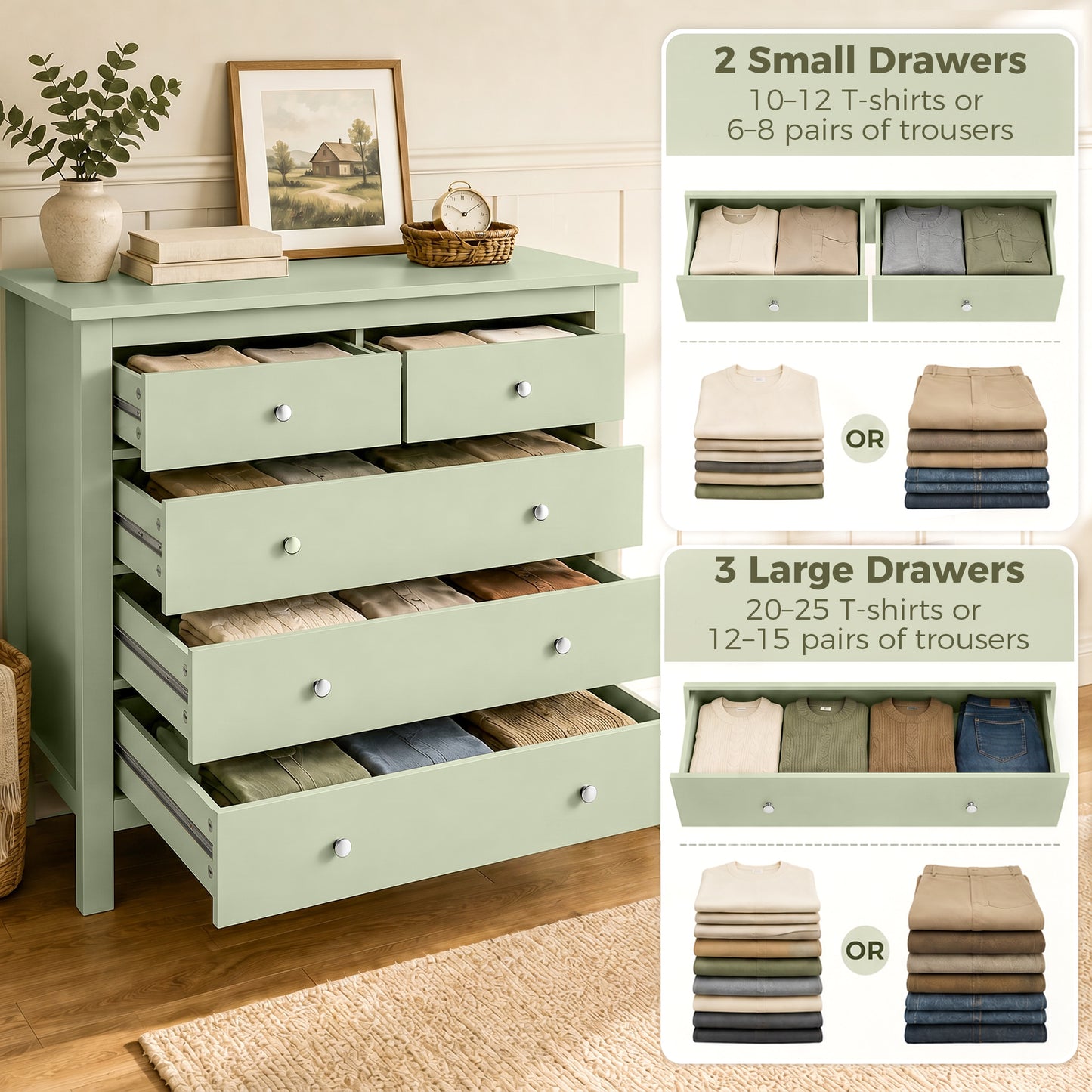 HOMCOM 5 Drawer Chest of Drawers, Sage Green