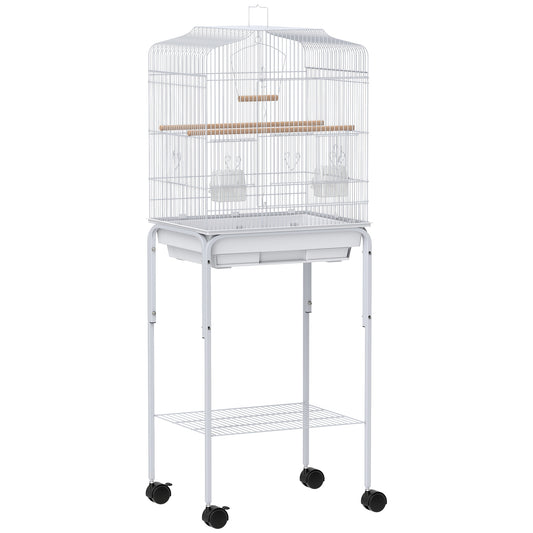 PawHut Bird Cage Budgie Cages for Finch Canary Parakeet with Stand Wheels Slide-out Tray Accessories Storage Shelf, White