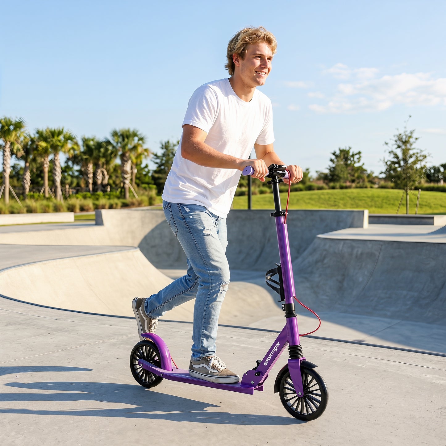 SPORTNOW Foldable Kick Scooter with Height Adjustable Handlebar, One-click Folding Adult Scooters with 200 mm Big Wheels, Purple