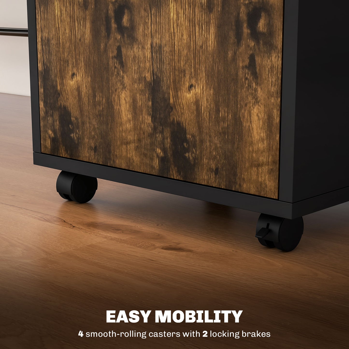 HOMCOM 60cm Storage Cabinet with Drawer, Open Shelf, Metal Handles and 4 Wheels, Office Home Organiser Mobile Printer, Rustic Brown