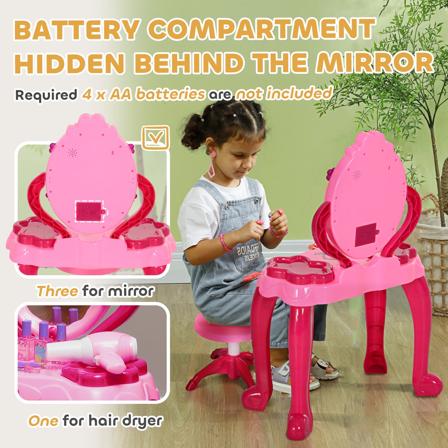 AIYAPLAY Kids Dressing Table with Mirror and Stool, Light, Music, 15 Accessories, for 3-6 Years Old, Pink