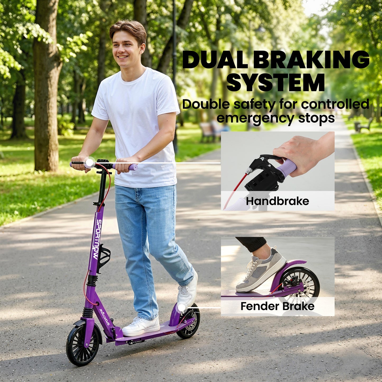 SPORTNOW Foldable Kick Scooter with Height Adjustable Handlebar, One-click Folding Adult Scooters with 200 mm Big Wheels, Purple