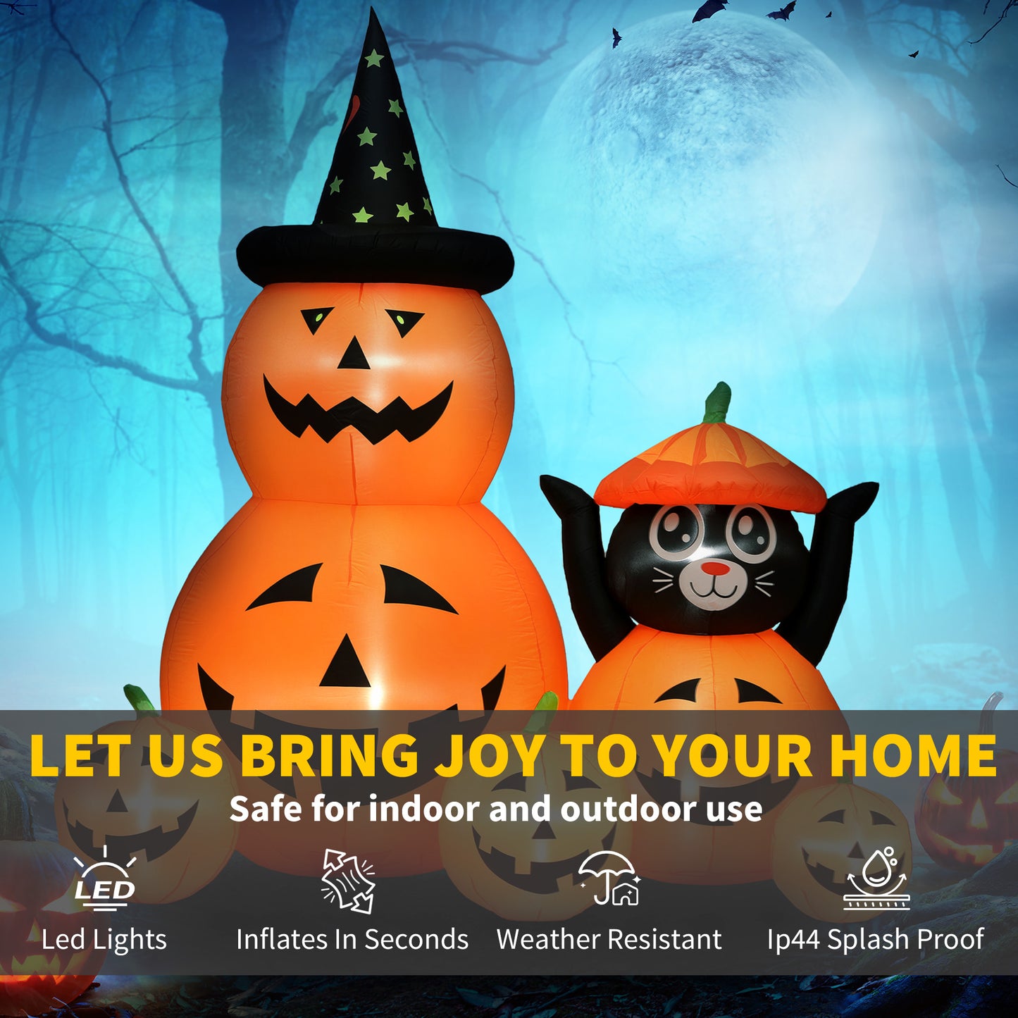 Outsunny Halloween Inflatable 180 cm Pumpkin and Cat with LED Lights, Self-Inflating Outdoor Decoration for Garden Party, Orange and Black