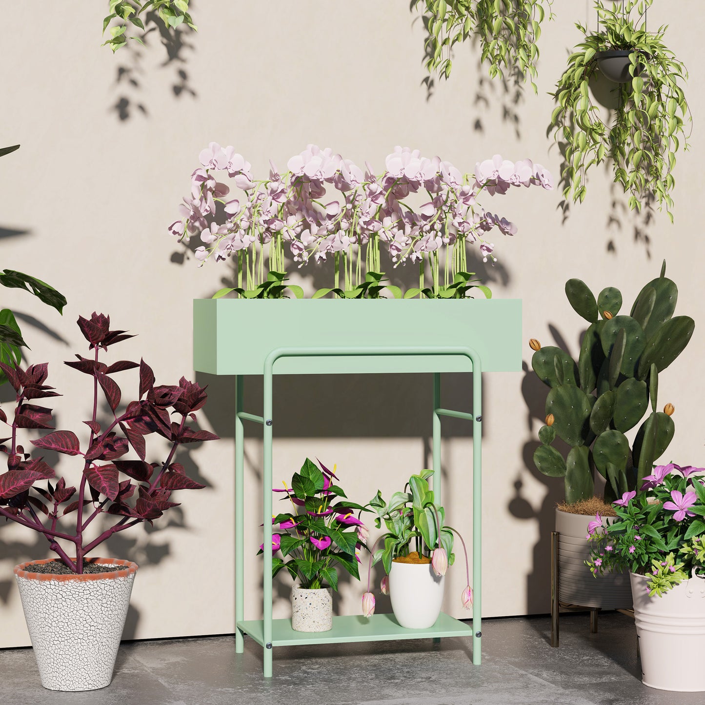 Outsunny 2 Tier Metal Plant Stand, Floor-standing Flower Pot Rack with Drain Holes for Indoor/Outdoor Use, Green