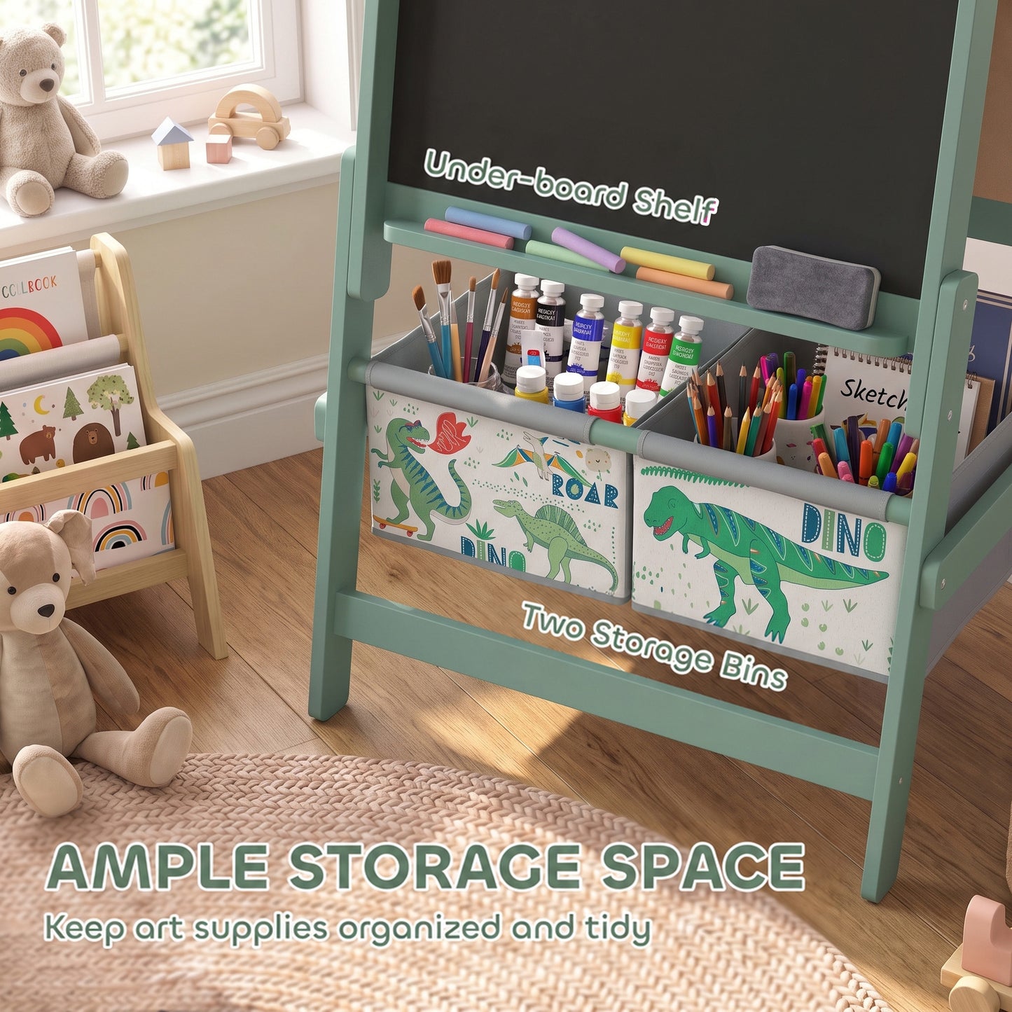 AIYAPLAY Art Easel for Kids, 3-in-1 Kids Easel with Chalkboard, Whiteboard, Paper Roll, Storage, Under-Board Shelf for 3-8, Green