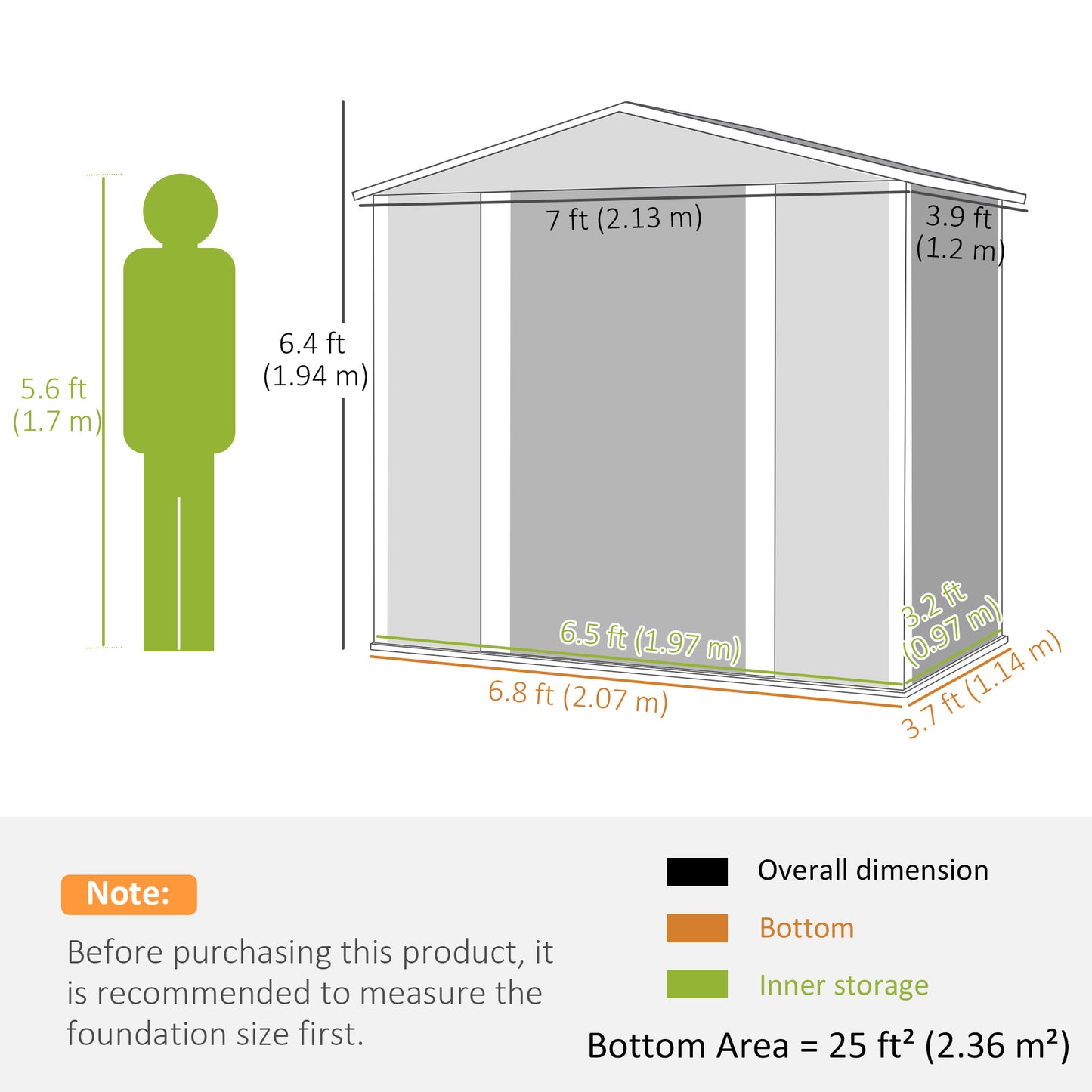 Outsunny Garden Shed 7x4ft, Easy Assembly, Upgraded Galvanised Steel, Double Lockable Doors, Vents & Gloves, Foundation Kit, Green
