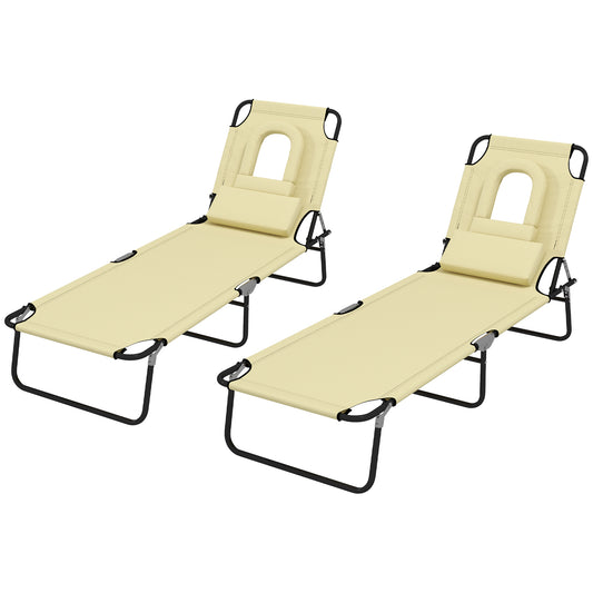 Outsunny Foldable Sun Lounger Set with Pillow Adjustable Backrest - Beige
