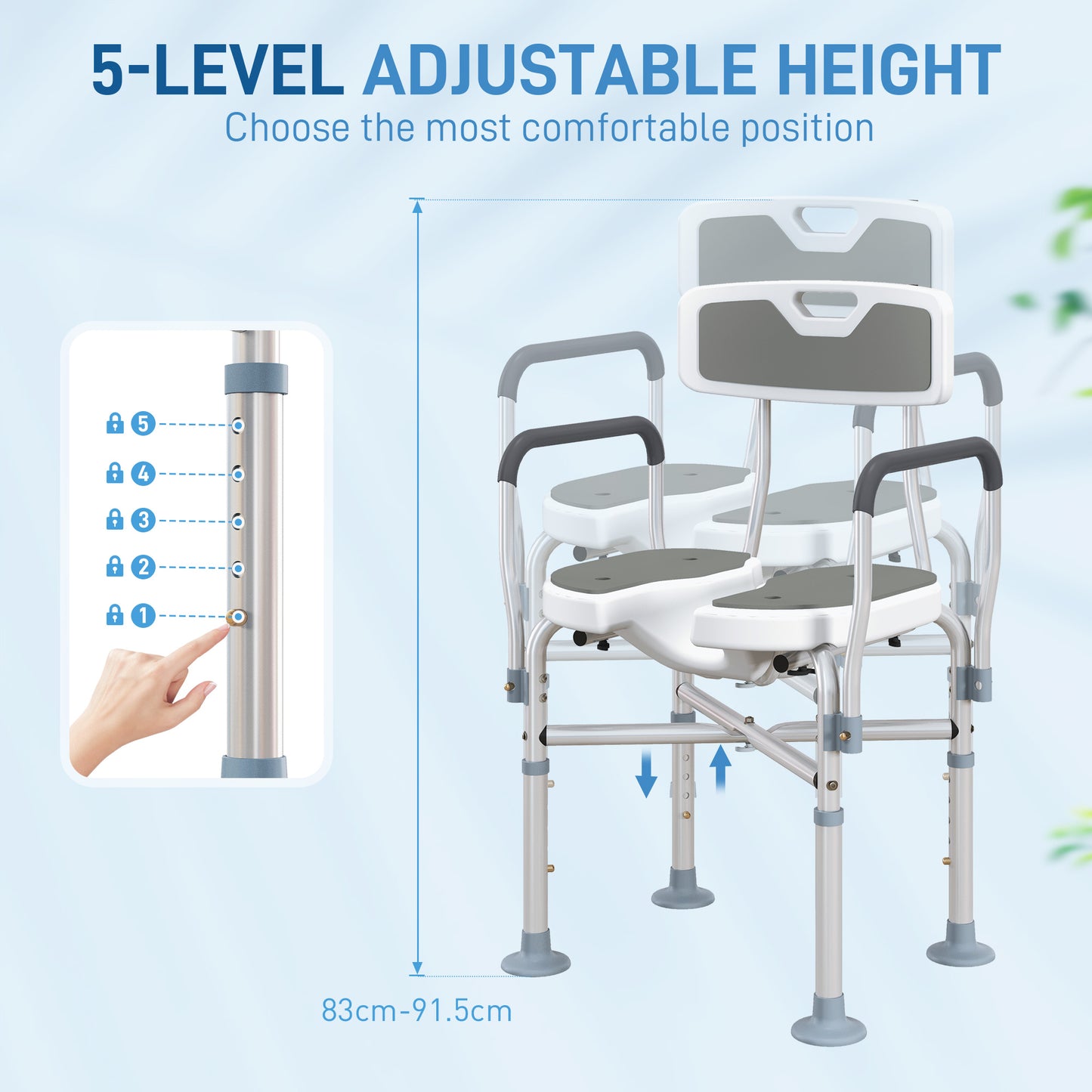 HOMCOM Shower Chair, Upgraded U-shaped Seat, Height Adjustable, Non-slip Feet, Tool-Free, Grey