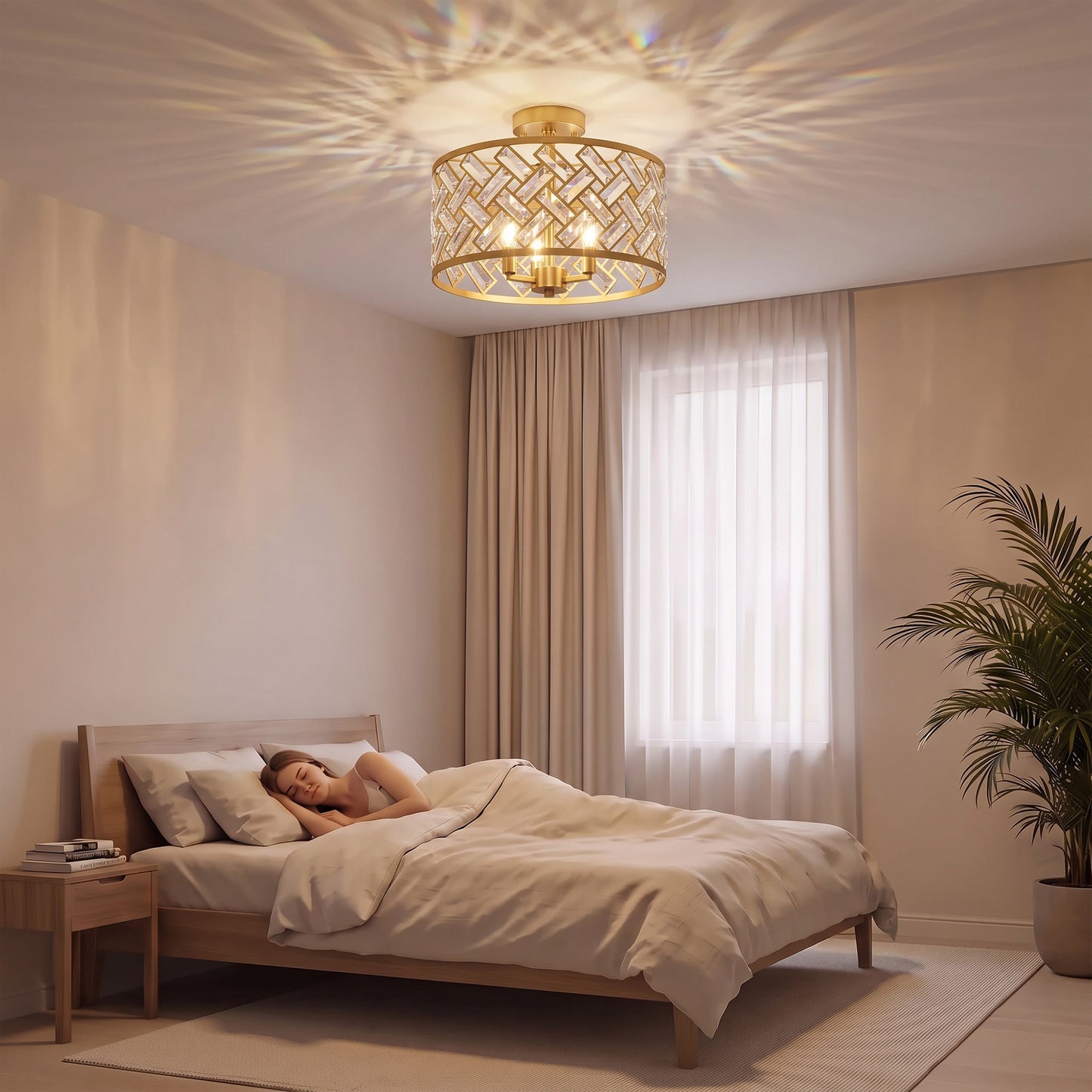 HOMCOM 3-Light Crystal Glass Ceiling Light, Modern Ceiling Lamp w/ 3 E14 Sockets for Living Room, Bulb Not Included, Gold Tone
