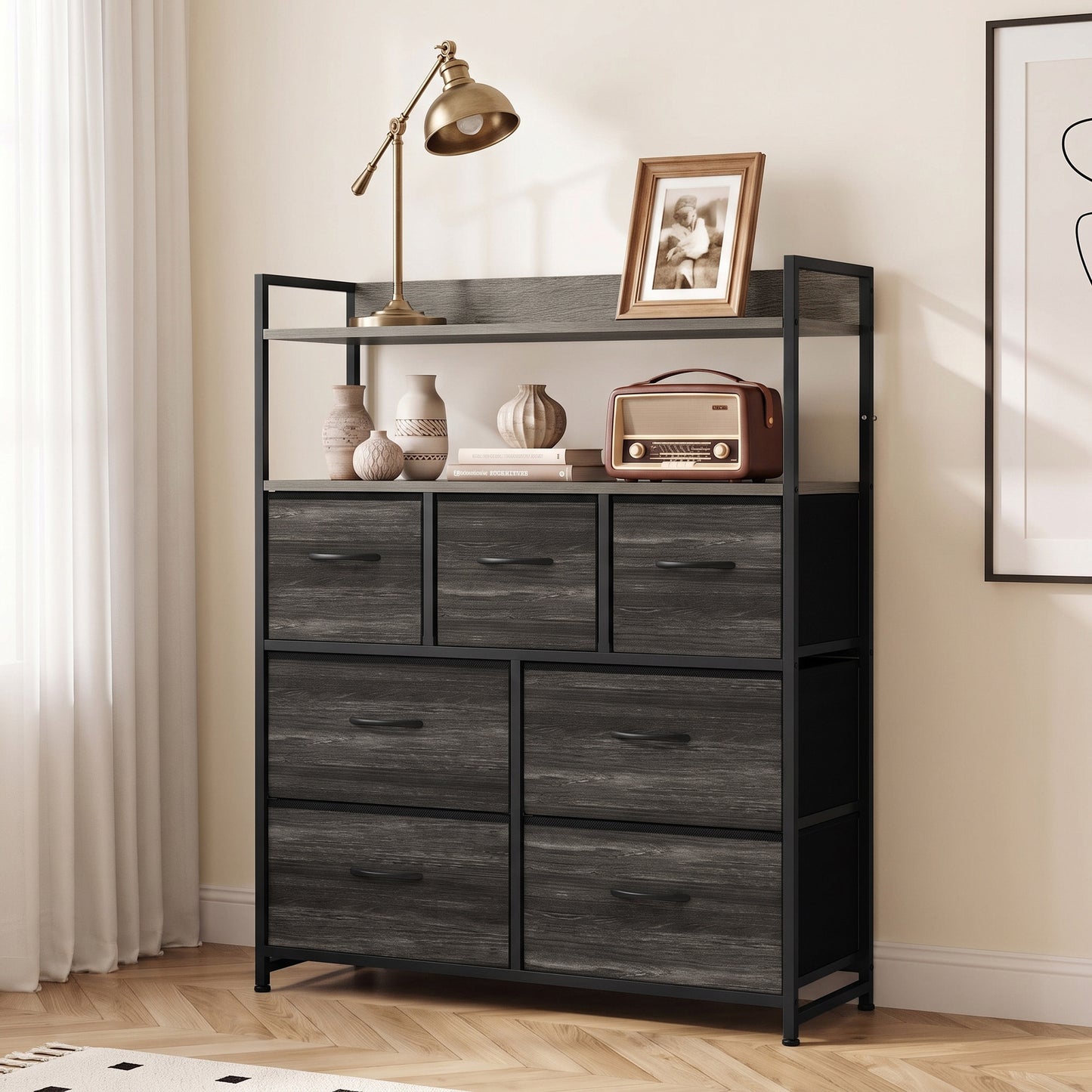 HOMCOM Chest of Drawers, Bedroom Fabric Dresser with 7 Drawers, Storage Organiser Unit with Open Shelves, Grey Wood-Effect