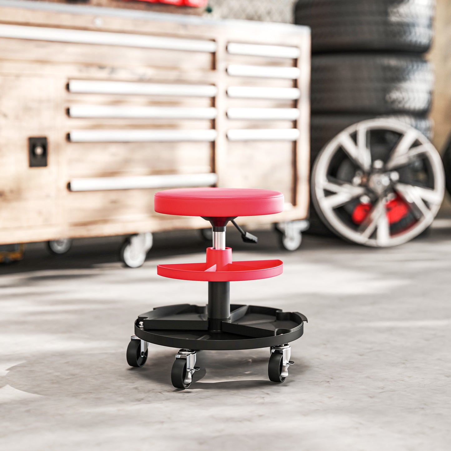 HOMCOM Mechanic Stool, 135kg Capacity, 360° Swivel Roller Padded Creeper Seat with Wheels, Tool Tray Storage, Red