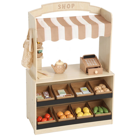 AIYAPLAY Pretend Play Shop, Wooden Kids Grocery Store Playset with Play Food, Cash Register, Chalkboard, 61 Accessories for 3-8