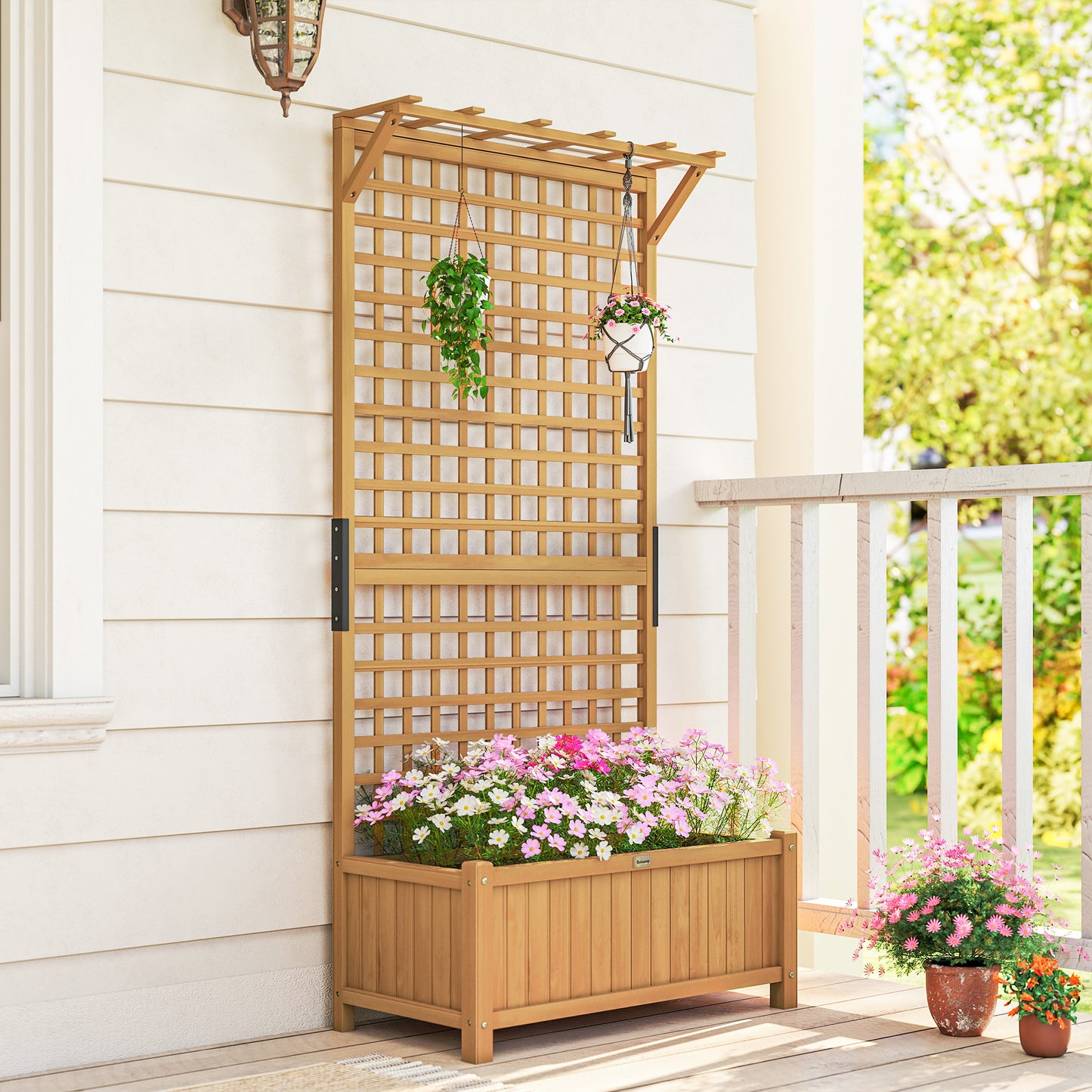 Outsunny Raised Bed with Drainage Holes, Wood Planter with Trellis for Climbing Plants to Grow Vegetables, Flowers, Yellow