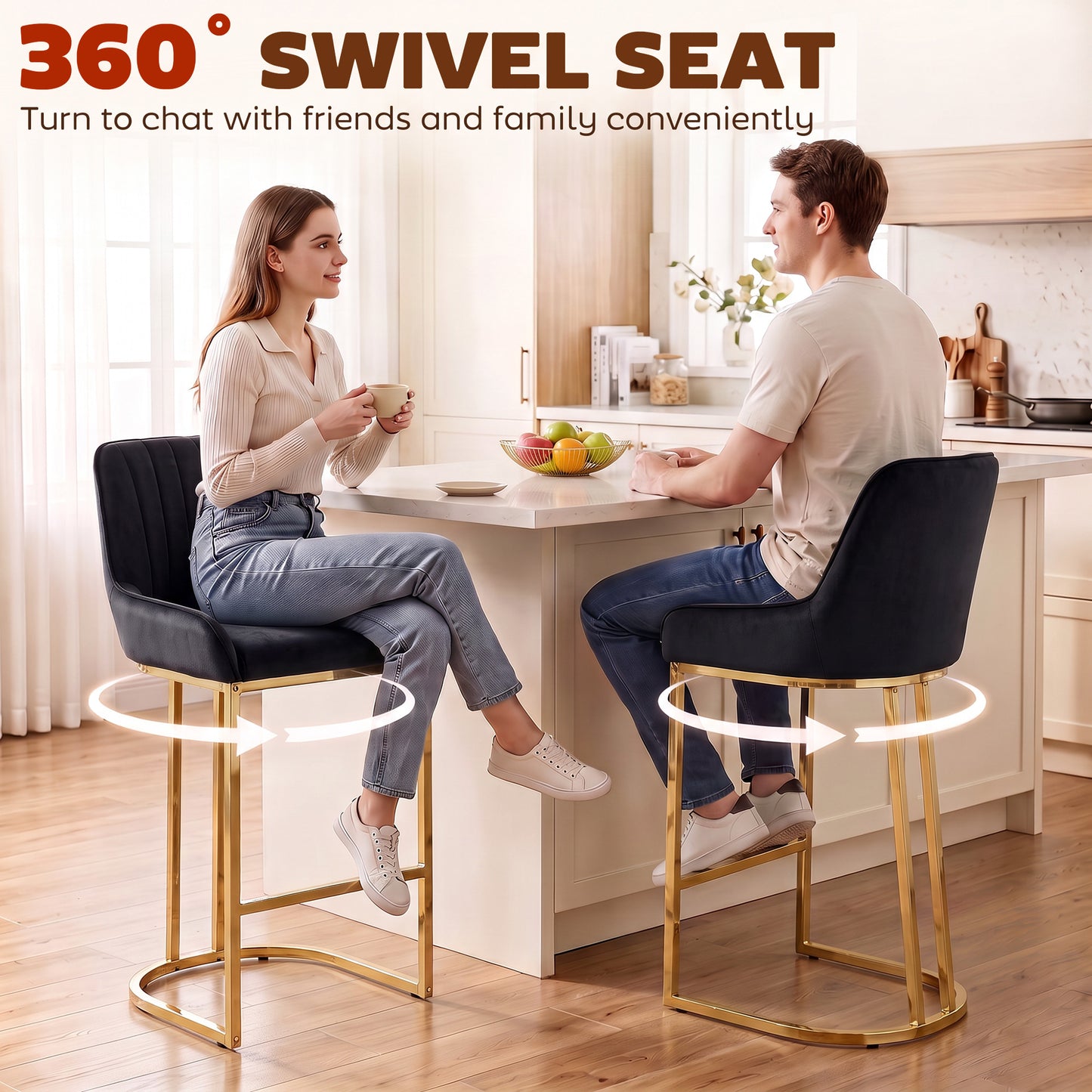HOMCOM Bar Stools Set of 2 with Backrest, Footrest, Gold Electroplated Legs for Kitchen Island, Dining Room, Black