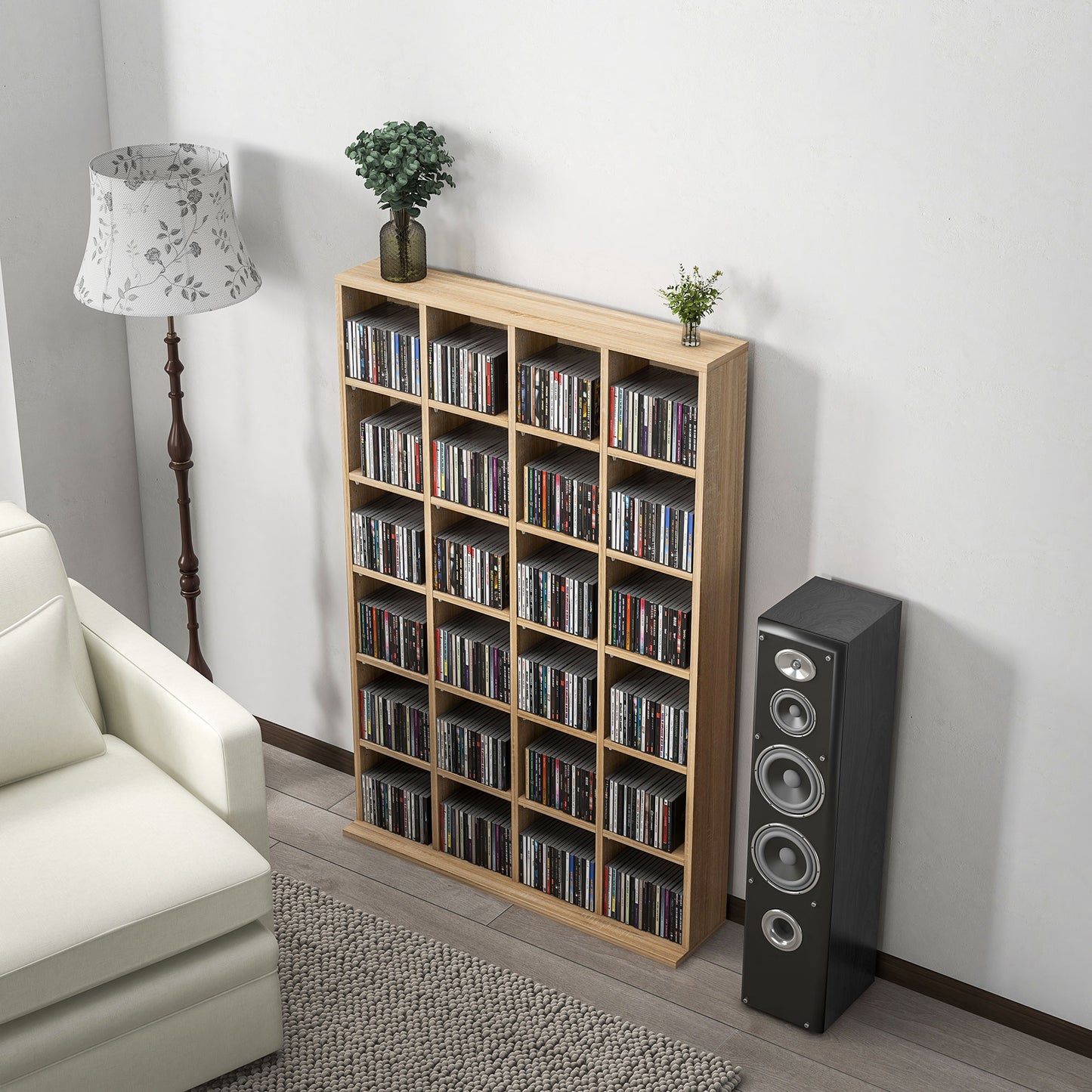 HOMCOM CD Storage Unit with Adjustable Shelves, 89 x 130.5 cm, Natural Wood Finish