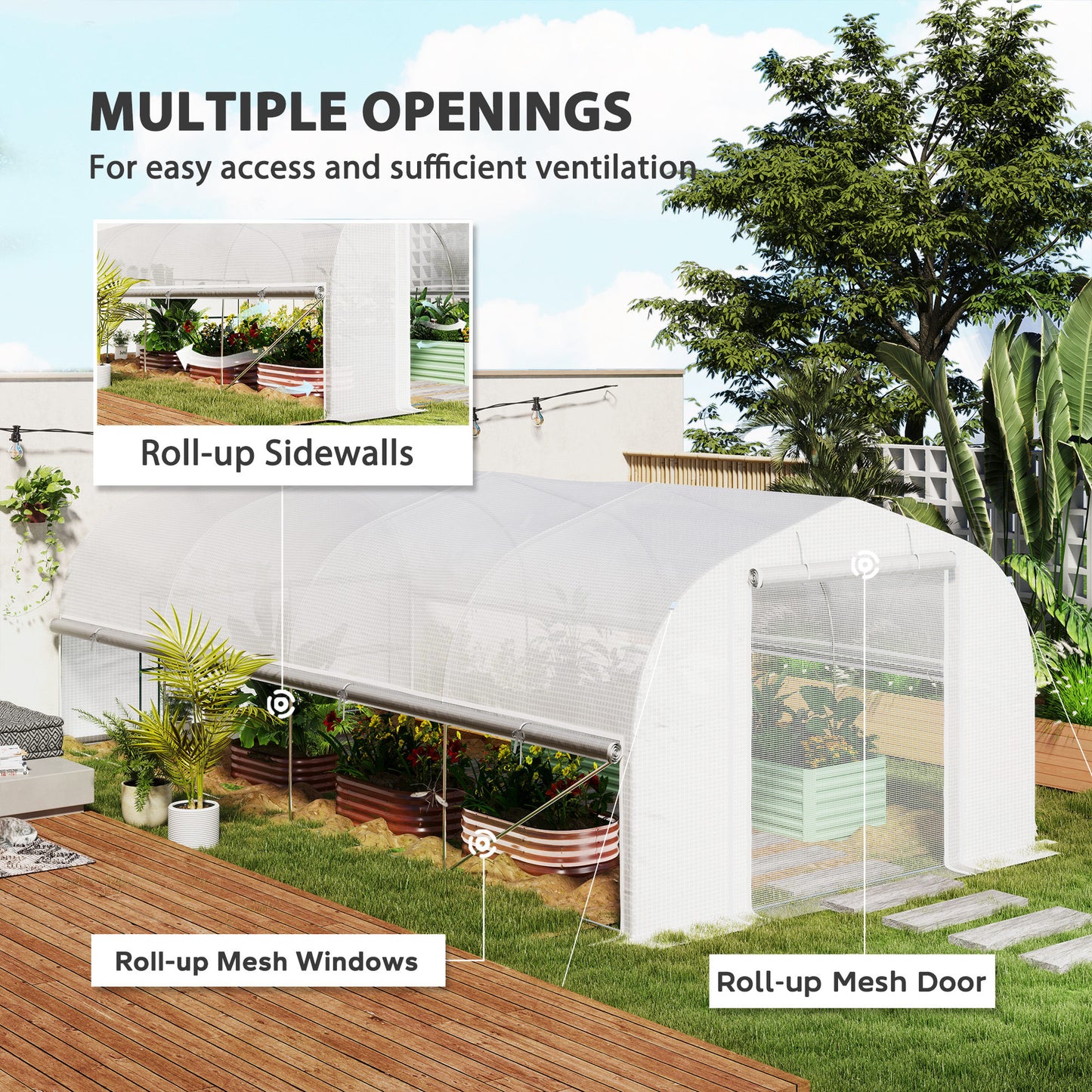 Outsunny 6 x 3 x 2m Walk-in Polytunnel Greenhouse, Zipped Roll Up Sidewalls, White