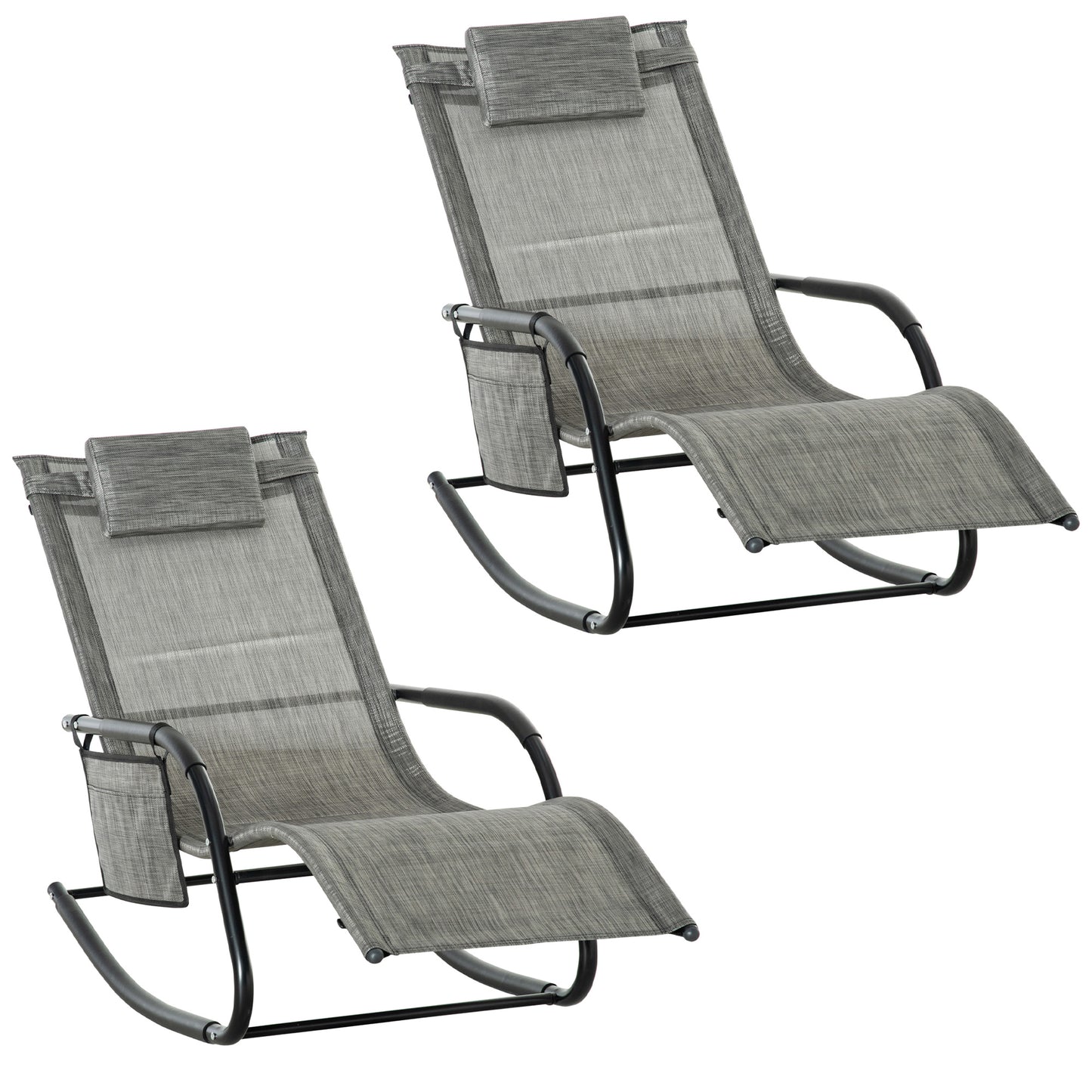 Outsunny 2PCs Outdoor Garden Rocking Chair, Patio Sun Lounger with Mesh Fabric, Removable Pillow, Armrest, Storage Bag, Dark Grey