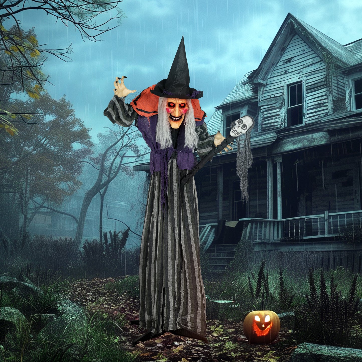 Outsunny Halloween Animated Witch with Skull Staff & Glowing LED Eyes, Battery Operated Indoor Party Prop, 160 cm, Spooky Decor, Black
