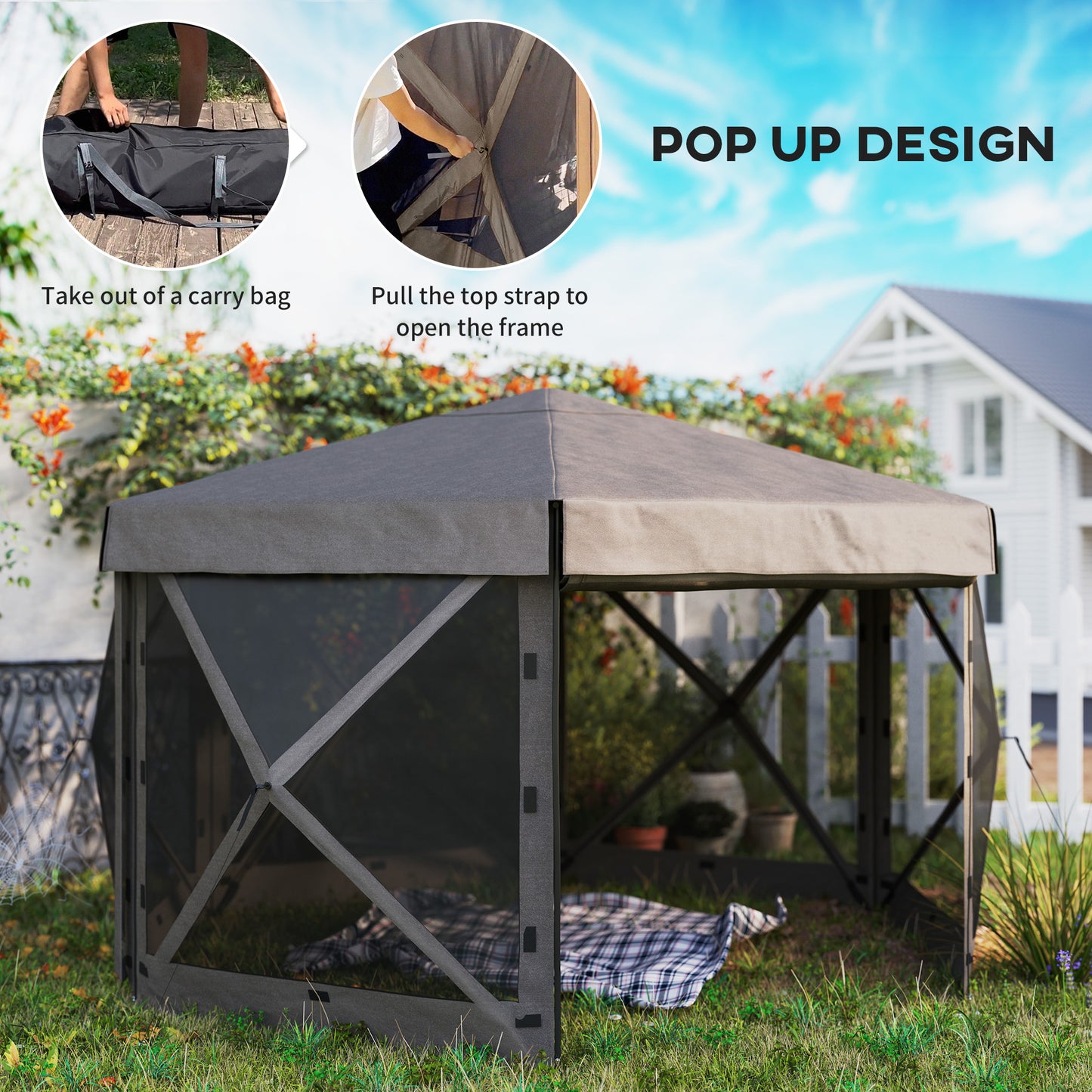 Outsunny 3x3m Hexagon Pop Up Gazebo, Waterproof UV Resistant Tent with Netting & Carry Bag, Brown
