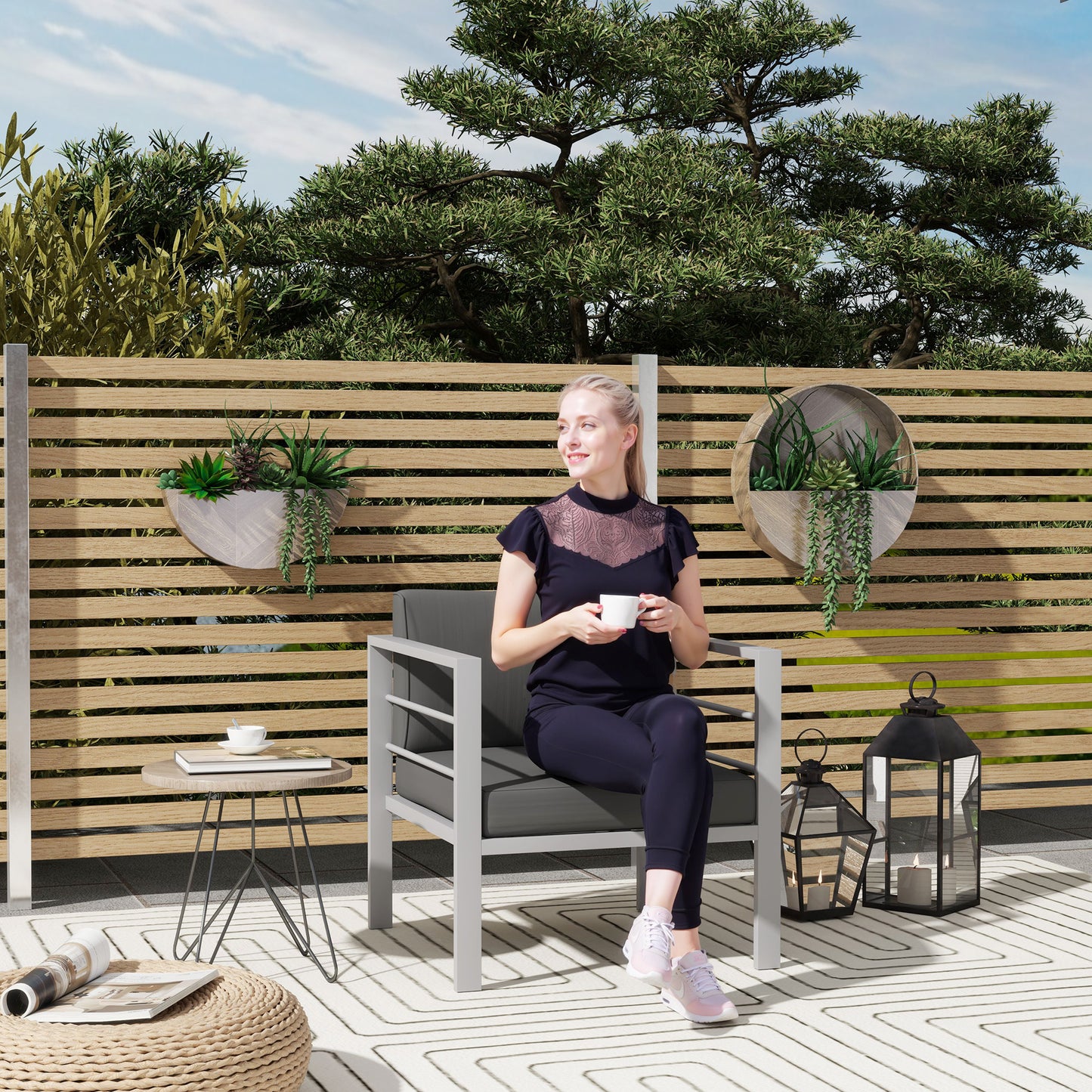 Outsunny Patio Furniture Aluminium Armchair, All-Weather Outdoor Single Sofa with Cushions, Metal Frame for Garden/Balcony, Charcoal Grey