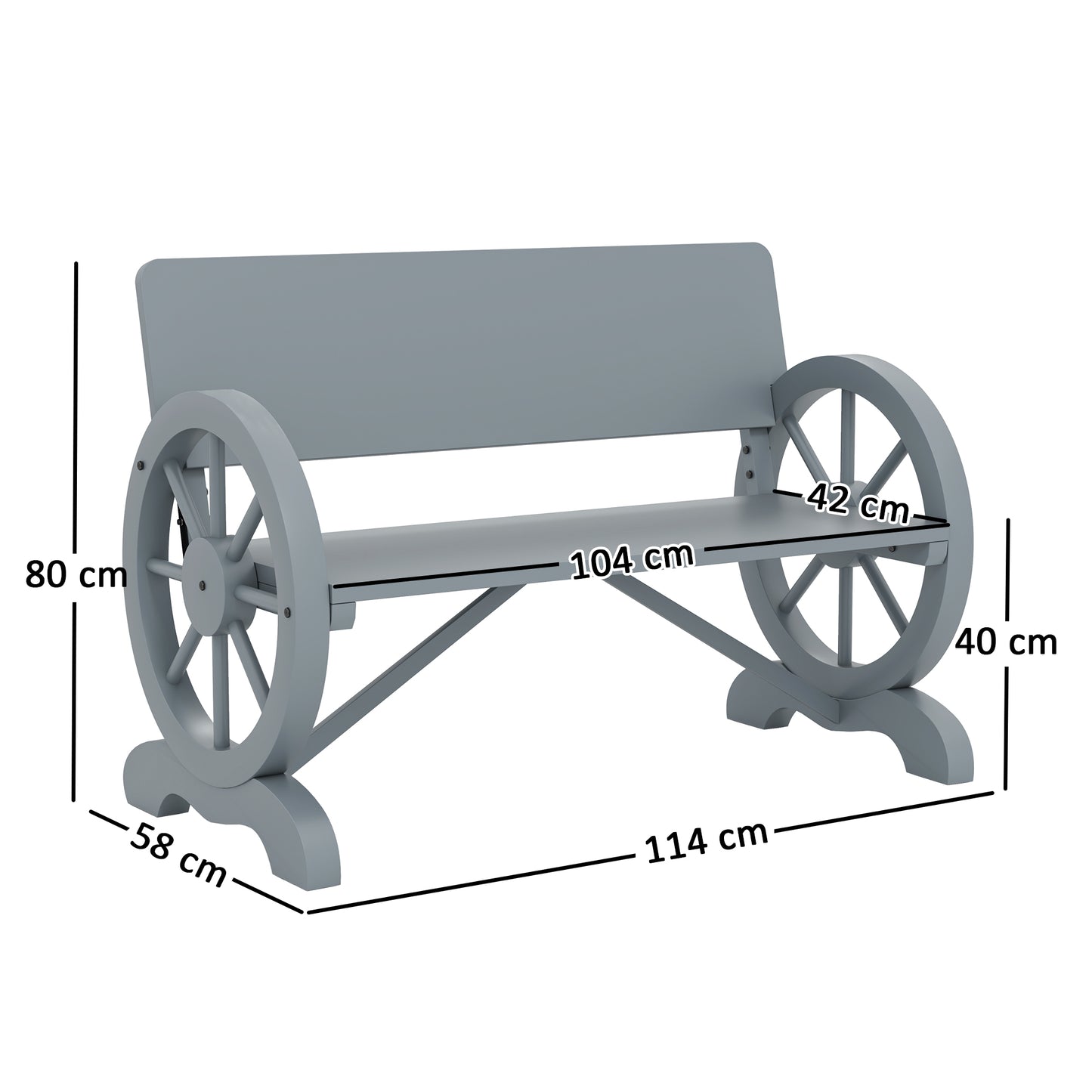 Outsunny Fir Wood 2-Seater Outdoor Garden Wagon Wheel Bench, Grey