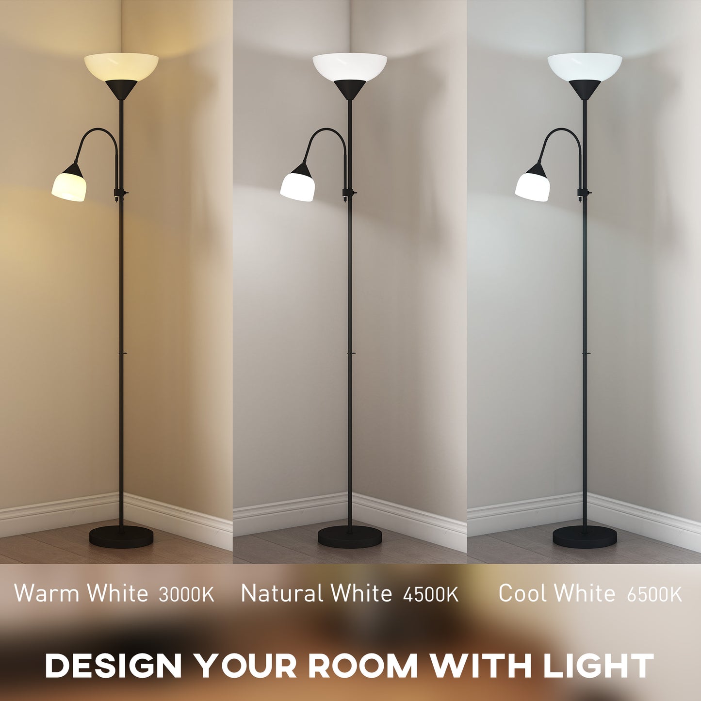 HOMCOM LED Floor Lamp, 180cm Tall Standing with Mother and Child Uplighter, Adjustable Gooseneck, 3 Colour Temps, Black