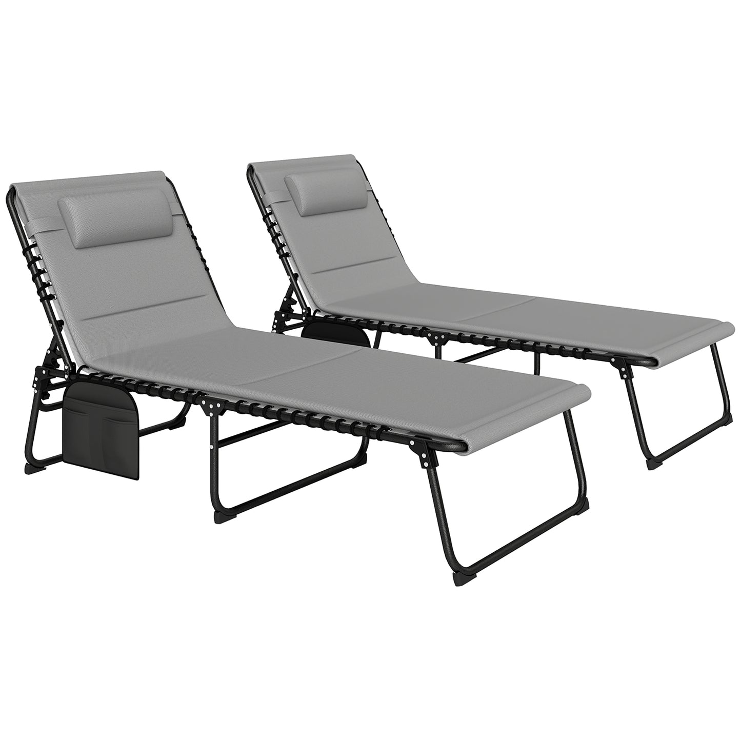 Outsunny Folding Sun Loungers Set of 2, Recliner Garden Chairs w/ Quick Dry Pad, Headrest, Light Grey