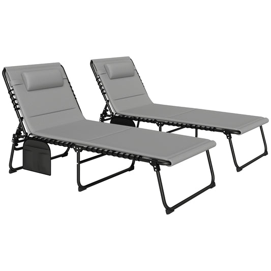 Outsunny Folding Sun Loungers Set of 2, Recliner Garden Chairs w/ Quick Dry Pad, Headrest, Light Grey