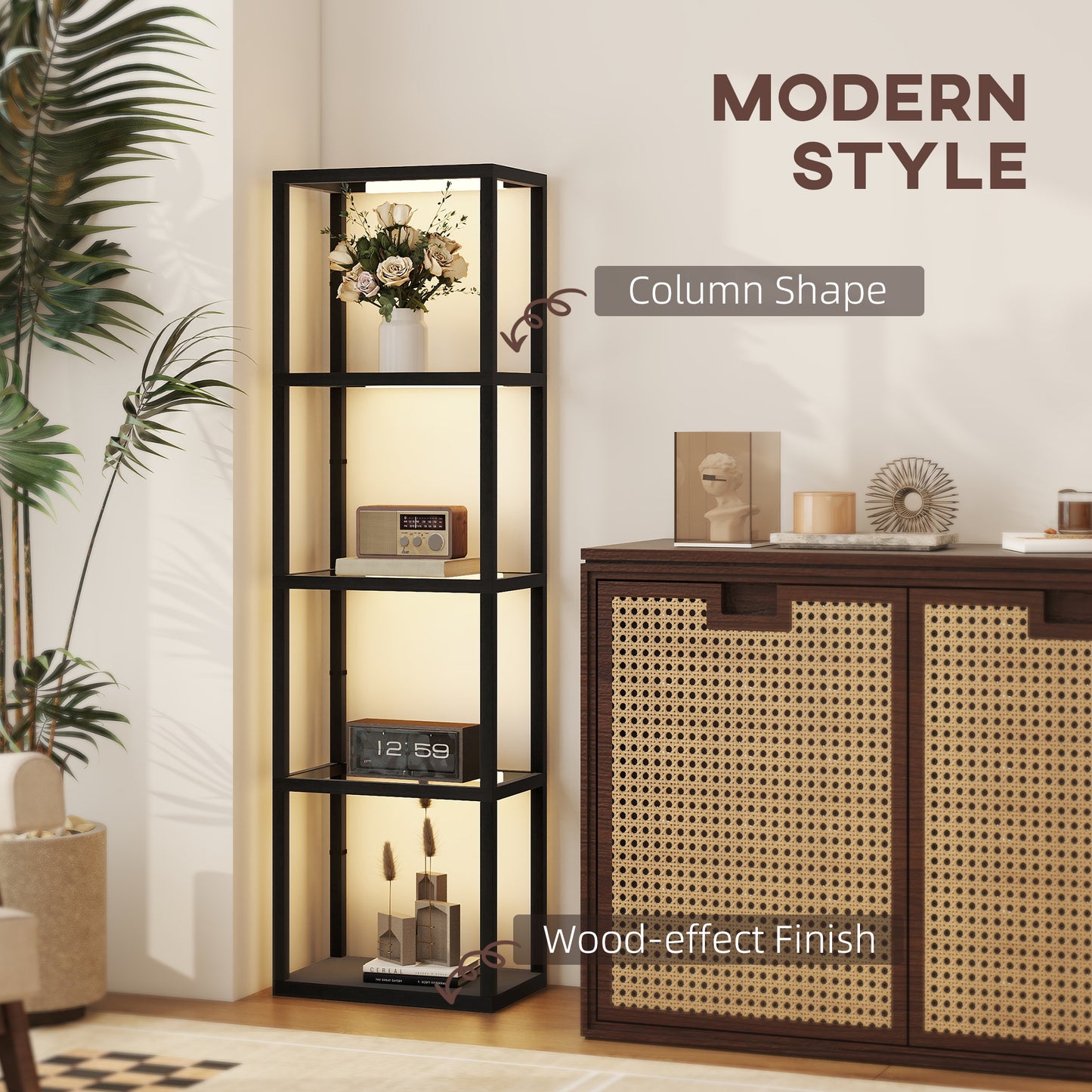 HOMCOM LED Floor Lamp with Glass Shelves, 4 Layers Dimmable Standing Lamp, Modern Column Shelf Light for Living Room, Bedroom, Office, Black