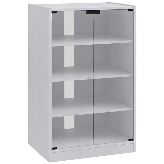 HOMCOM 4-Tier Hi-Fi Stand,  Record Player Stand with Adjustable Shelves and Push-to-Open Glass Doors, White Wood-Effect