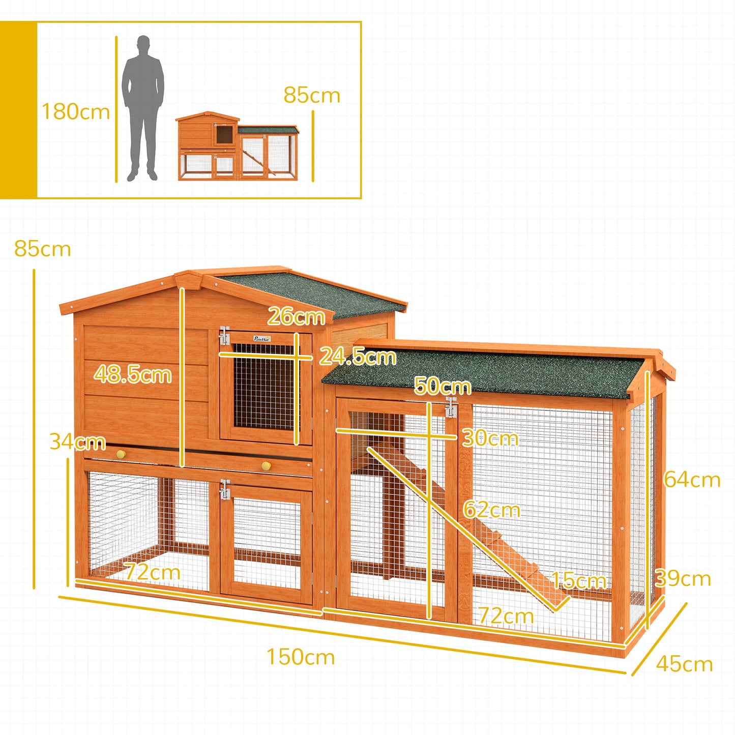 PawHut 2 Tier Rabbit Hutch with Run, Ramp, Slide-out Tray, for Garden, Yard, Orange