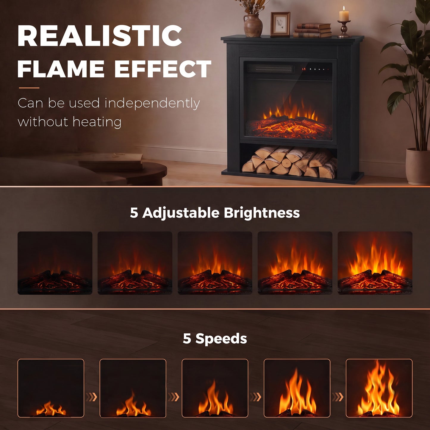 HOMCOM Electric Fireplace Suite with Shelf, 25" 1800W Electric Fire and Surround with LED Flame, 5 Brightness, Remote, Black