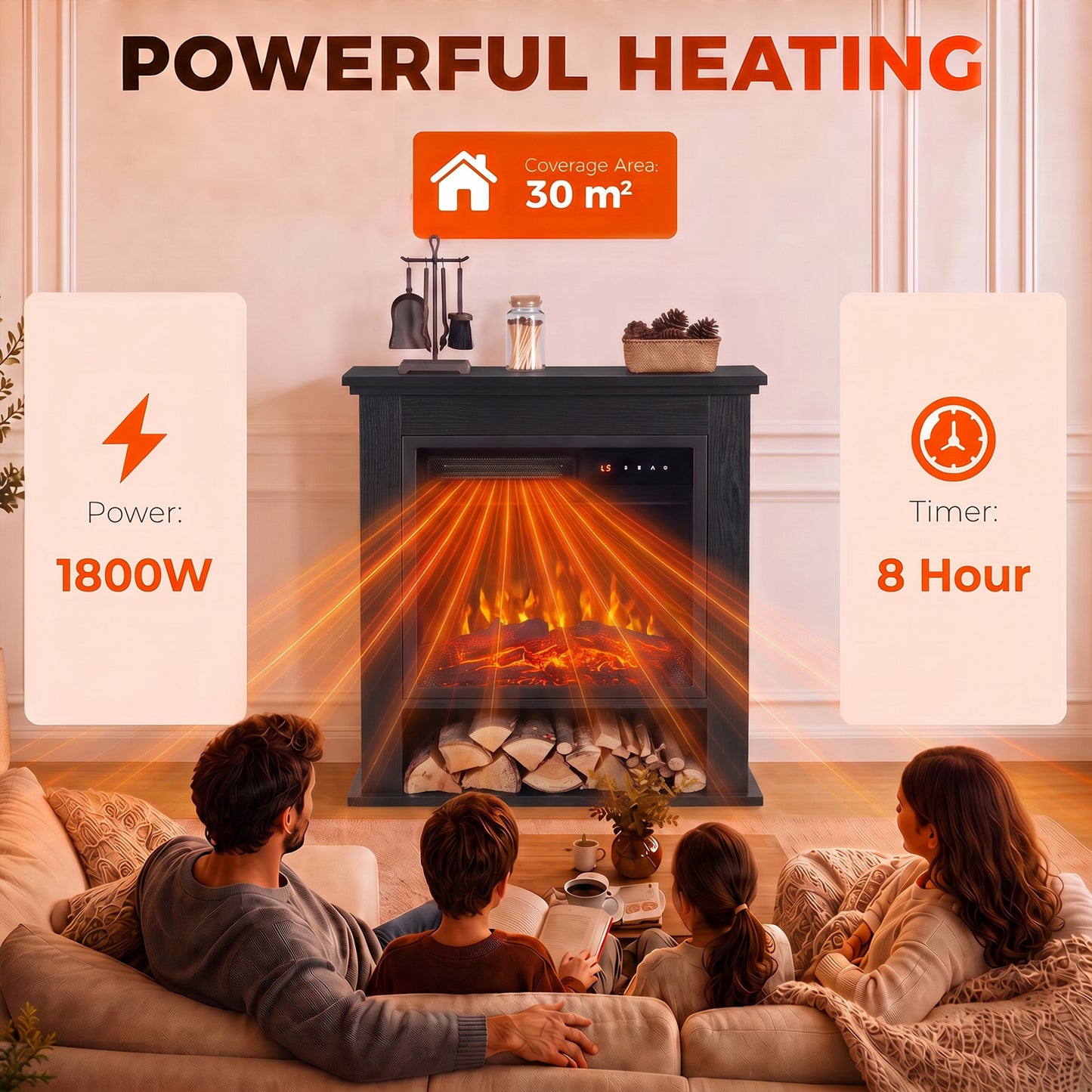 HOMCOM Electric Fireplace Suite with Shelf, 25" 1800W Electric Fire and Surround with LED Flame, 5 Brightness, Remote, Black
