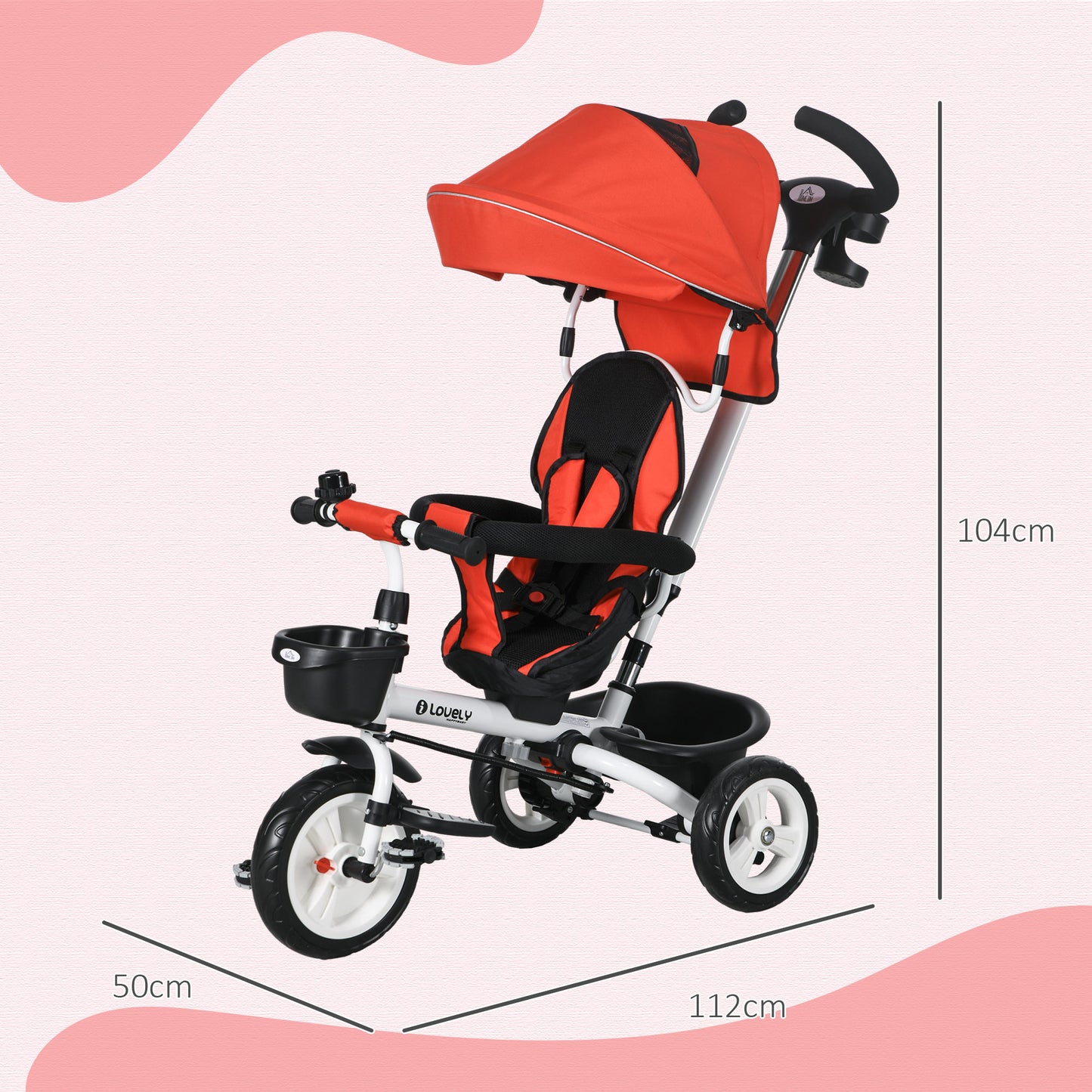 HOMCOM Metal Frame 4 in 1 Baby Push Tricycle with Parent Handle for 1-5 Years Old Red