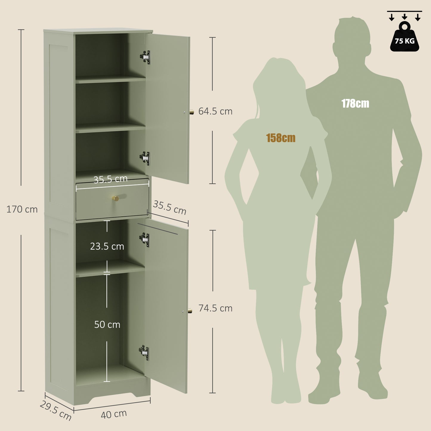 HOMCOM Tall Bathroom Cabinet with Arched Doors - Light Green