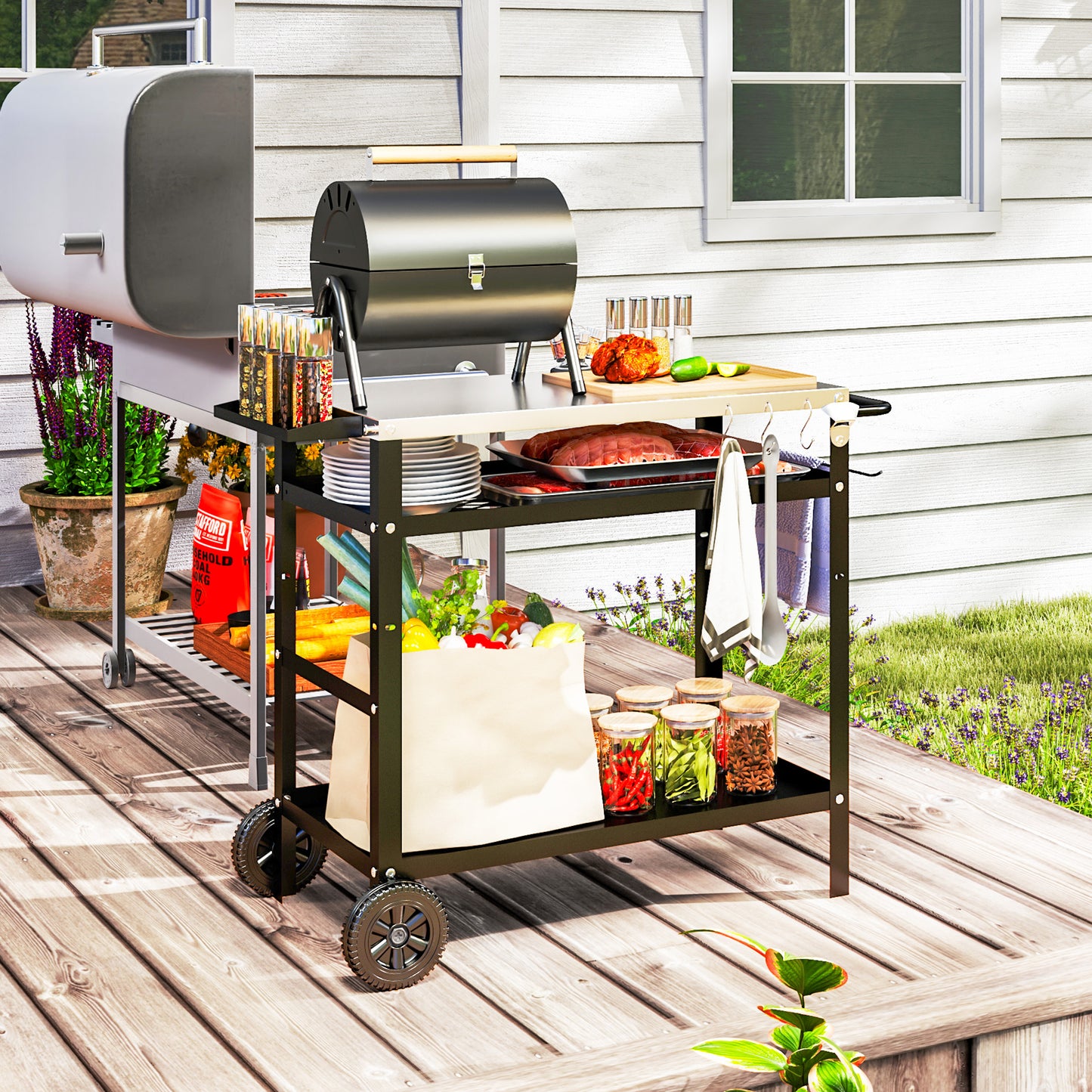 Outsunny BBQ Trolley, Stainless Steel Top, Adjustable Shelf, Hooks, Tray, Towel Rack, Pizza Oven Table, Movable Grill Cart with Cover, Black