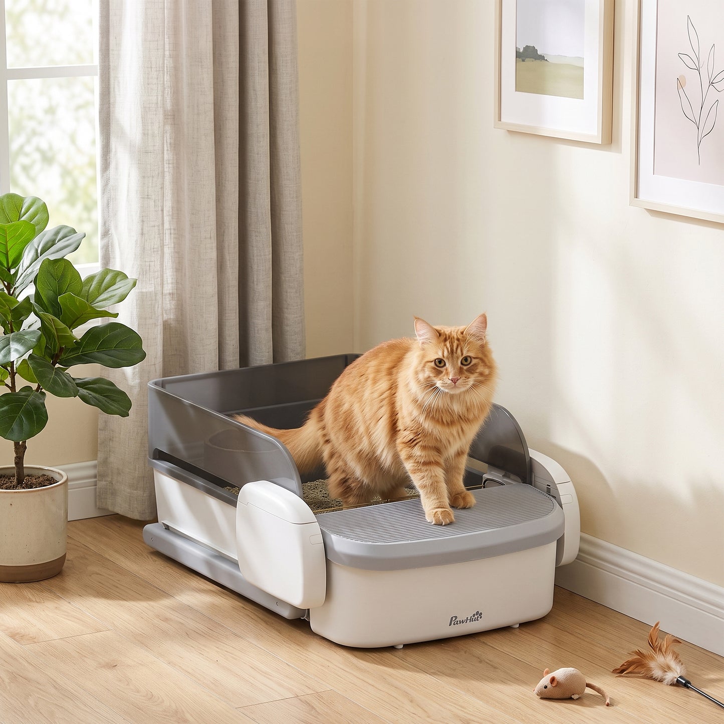 PawHut Self Cleaning Cat Litter Tray, Open-Top Automatic Litter Box with APP Control, Clumping Rake, 10L Waste Bin