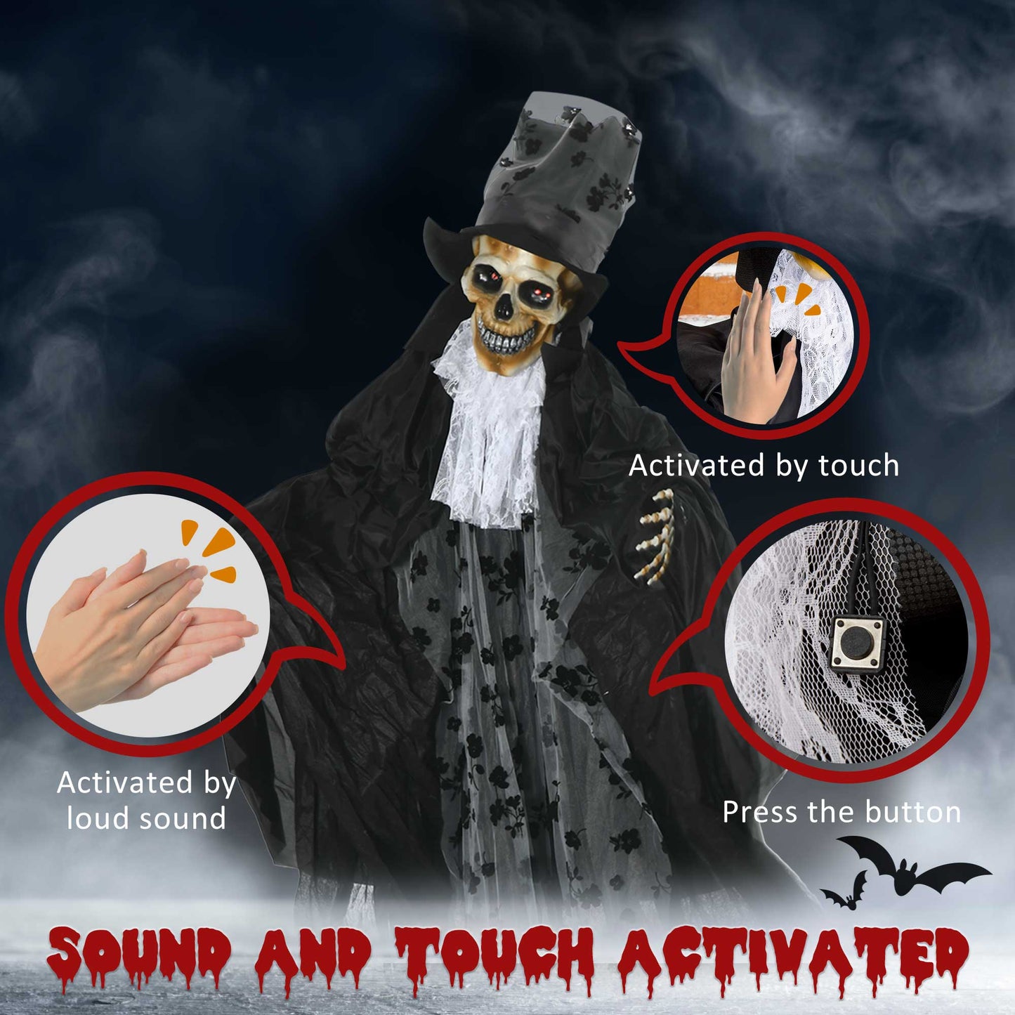 Outsunny Life Size Outdoor Halloween Ghost Bridegroom, Sound & Motion Activated Animatronic Prop with Light Up Eyes, Howling Sound, 189cm, White