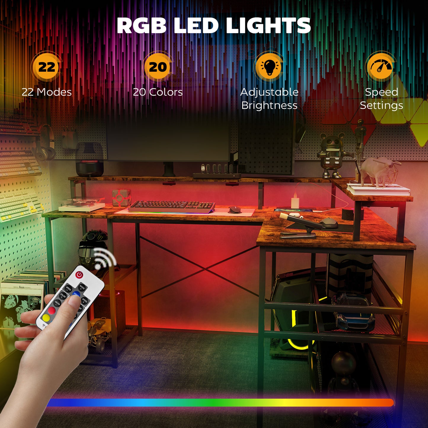 HOMCOM L Shaped Gaming Desk with LED Lights and Power Outlets, Rustic Brown