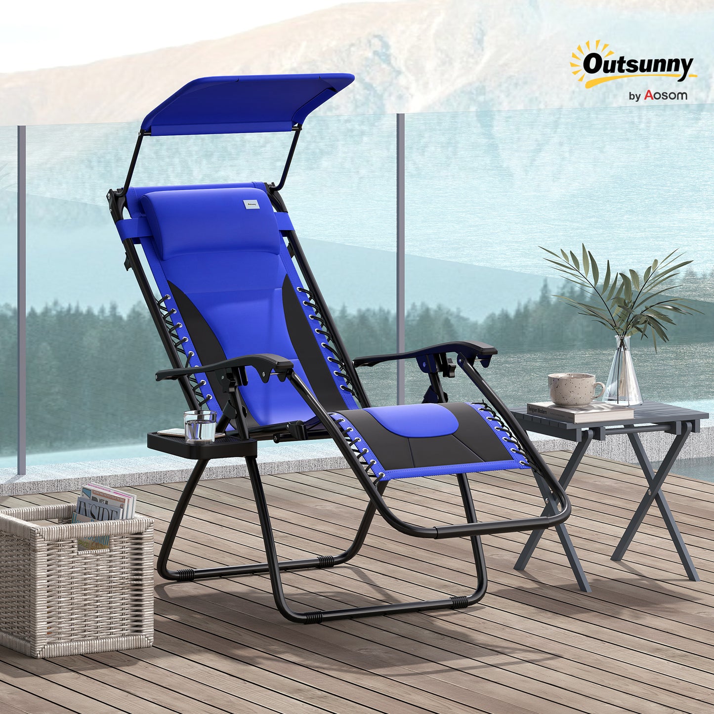 Outsunny Zero Gravity Lounger Chair, Folding Reclining Patio Chair with Shade Cover, Cup Holder, Soft Cushion and Headrest for Poolside, Camping, Blue