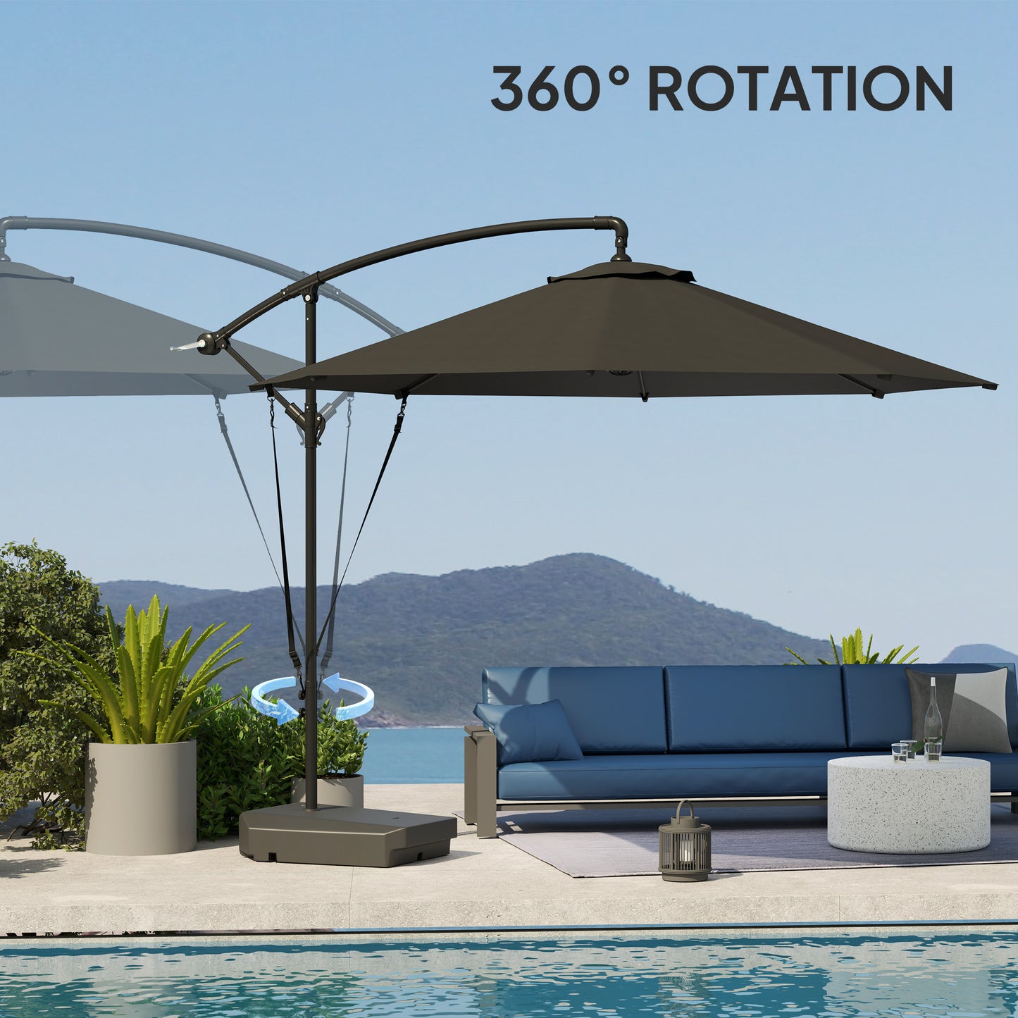 Outsunny Garden Cantilever Parasol with Fillable Base, Wind Strap, Cover, Crank Handle, Tilt, UPF50+ Sun Shade, Grey