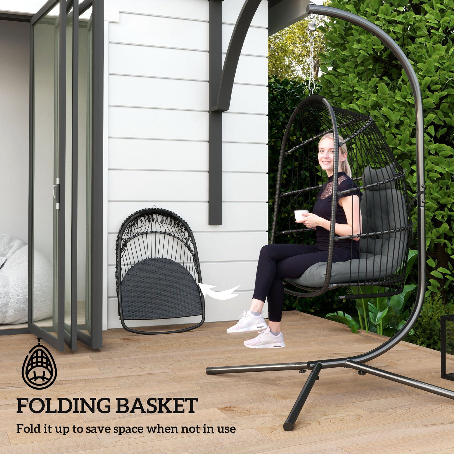Outsunny Hanging Egg Chair Indoor Outdoor Rattan Swing with Installation Kit, Foldable Seat, Thickened Cushion & Headrest, Dark Grey