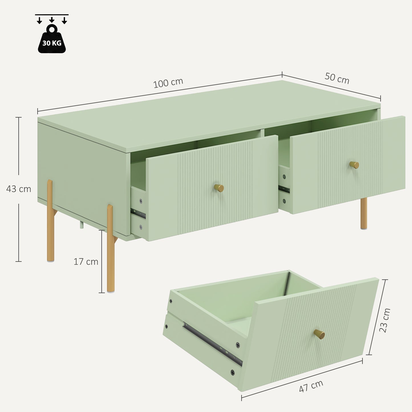 HOMCOM Modern Coffee Table, Living Room Table with Storage, 2 Drawers and Metal legs for Bedroom, Light Green
