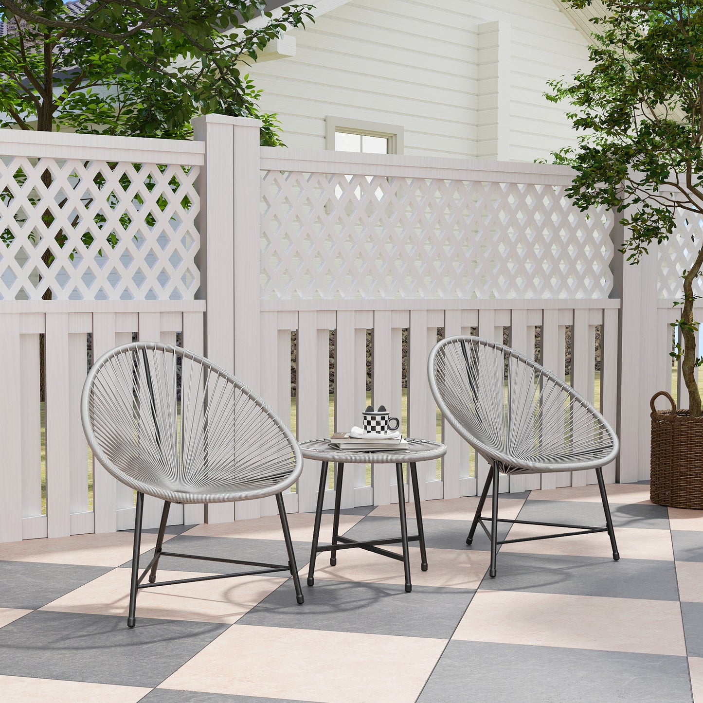 Outsunny 3 Piece Rattan Bistro Set, Garden Furniture with Acapulco Chairs & Glass Table, Reinforced Metal Frame, Outdoor/Patio/Balcony, Grey