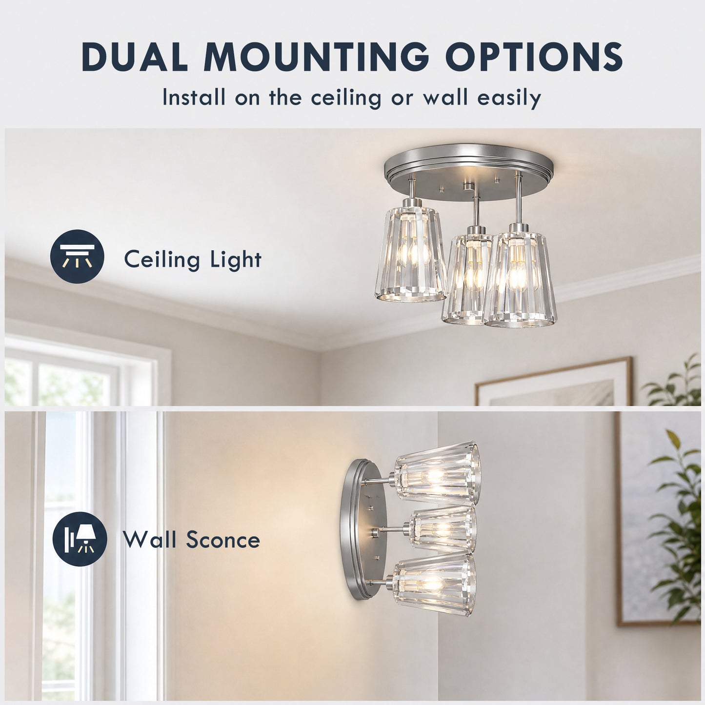 HOMCOM 3-Light Crystal Glass Ceiling Light, 40W, 3 E27 Sockets, Dual Mounting, Bulb Not Included, Silver