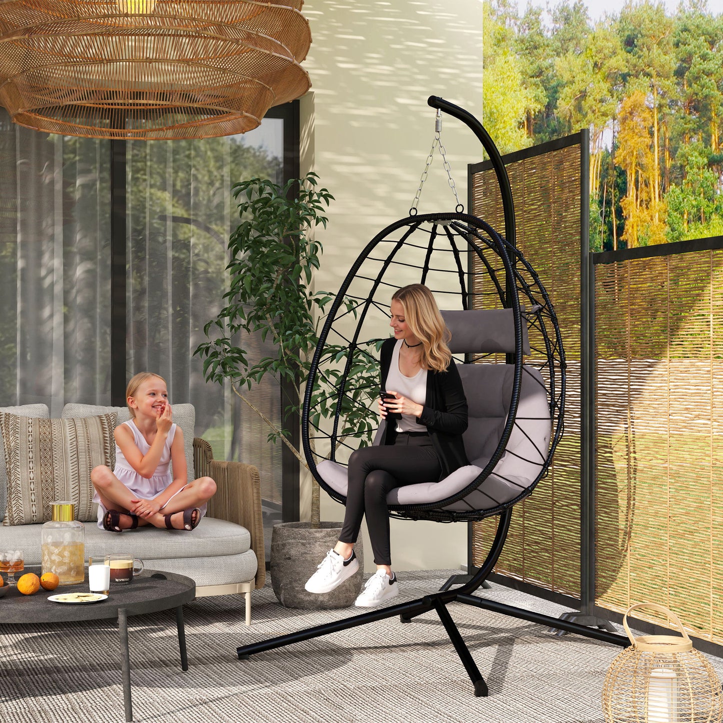 Outsunny Hanging Egg Chair, Outdoor/Indoor Swing with Folding Basket, Cushion & Stand, Grey